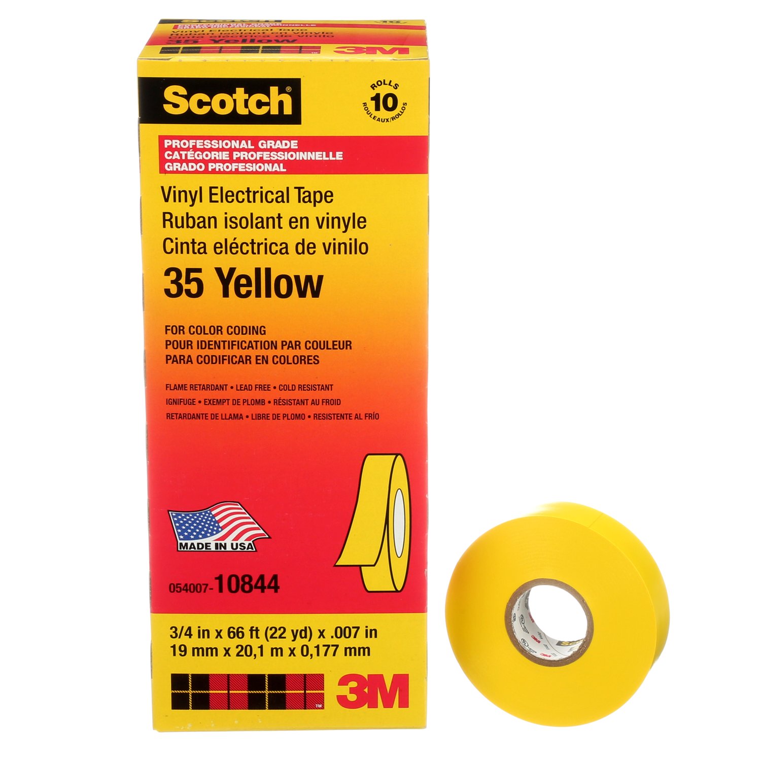 7000006096 - Scotch Vinyl Color Coding Electrical Tape 35, 3/4 in x 66 ft, Yellow, 10 rolls/carton, 100 rolls/Case