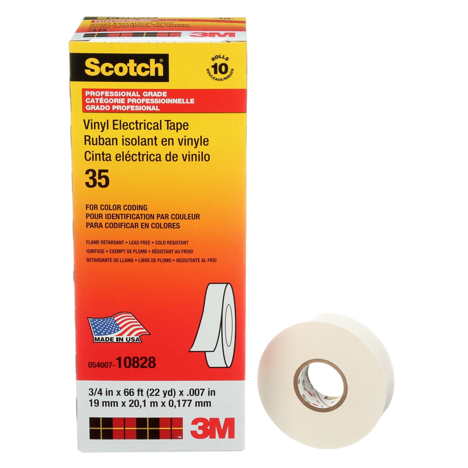 7000006097 - Scotch Vinyl Color Coding Electrical Tape 35, 3/4 in x 66 ft, White, 10 rolls/carton, 100 rolls/Case