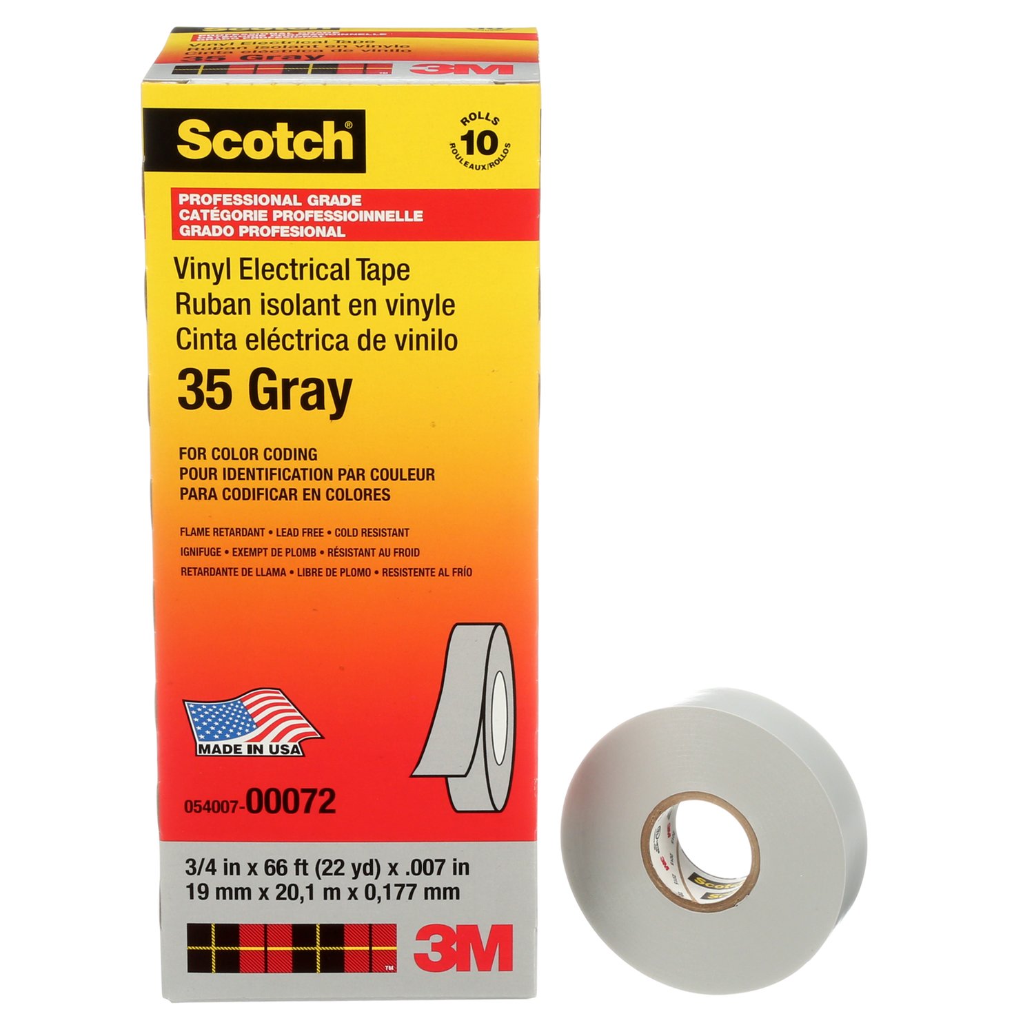 7000006099 - Scotch Vinyl Color Coding Electrical Tape 35, 3/4 in x 66 ft, Gray, 10 rolls/carton, 100 rolls/Case