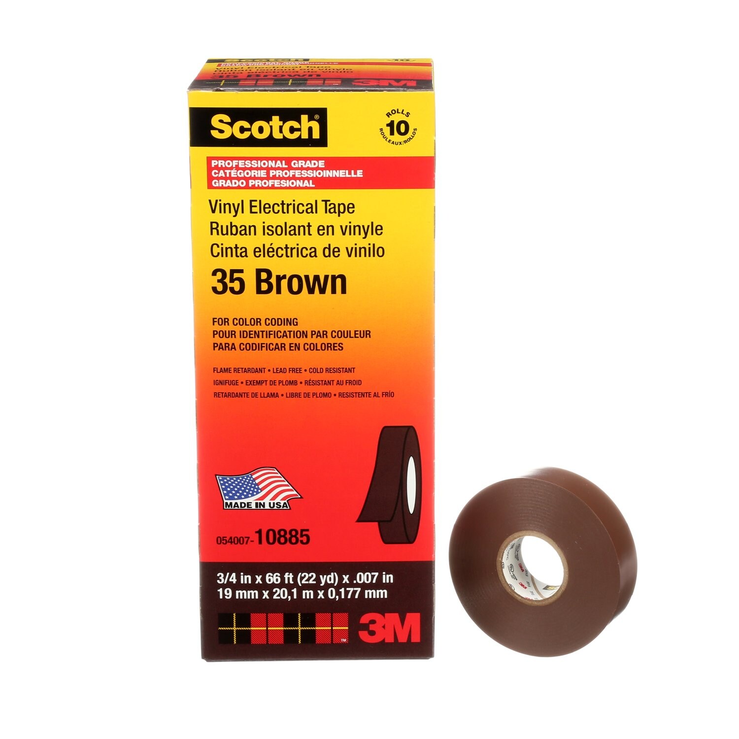 7000031580 - Scotch Vinyl Color Coding Electrical Tape 35, 3/4 in x 66 ft, Brown, 10 rolls/carton, 100 rolls/Case