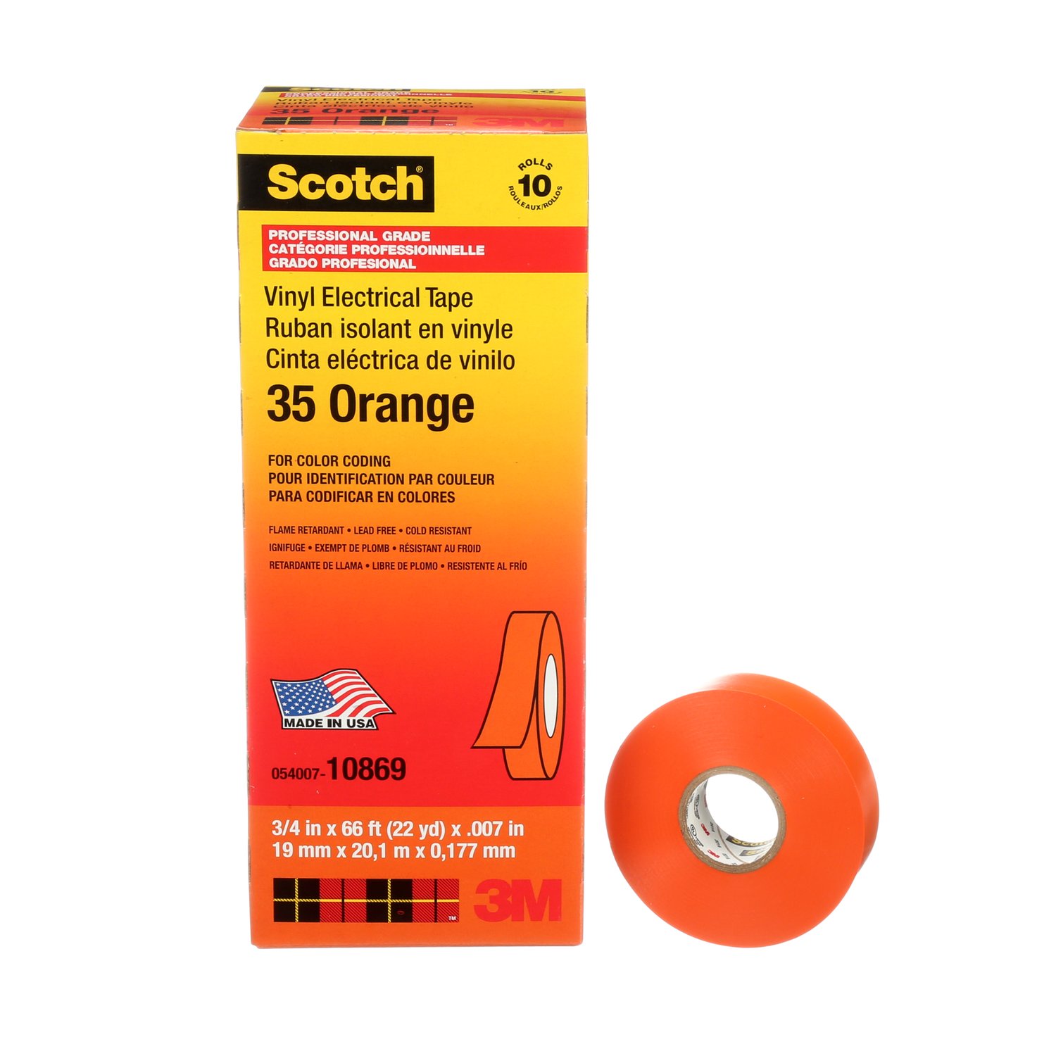 7000031581 - Scotch Vinyl Color Coding Electrical Tape 35, 3/4 in x 66 ft, Orange, 10 rolls/carton, 100 rolls/Case