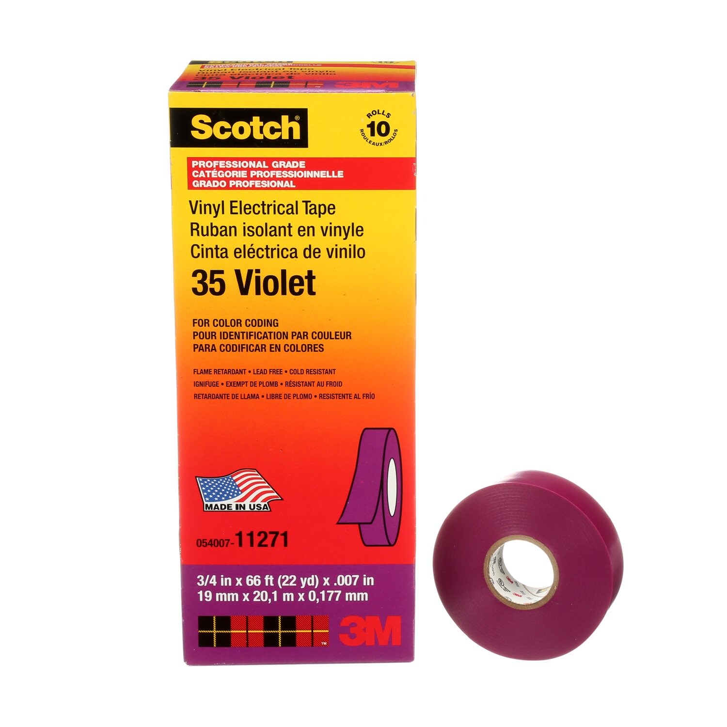 7000058437 - Scotch Vinyl Color Coding Electrical Tape 35, 3/4 in x 66 ft, Violet, 10 rolls/carton, 100 rolls/Case