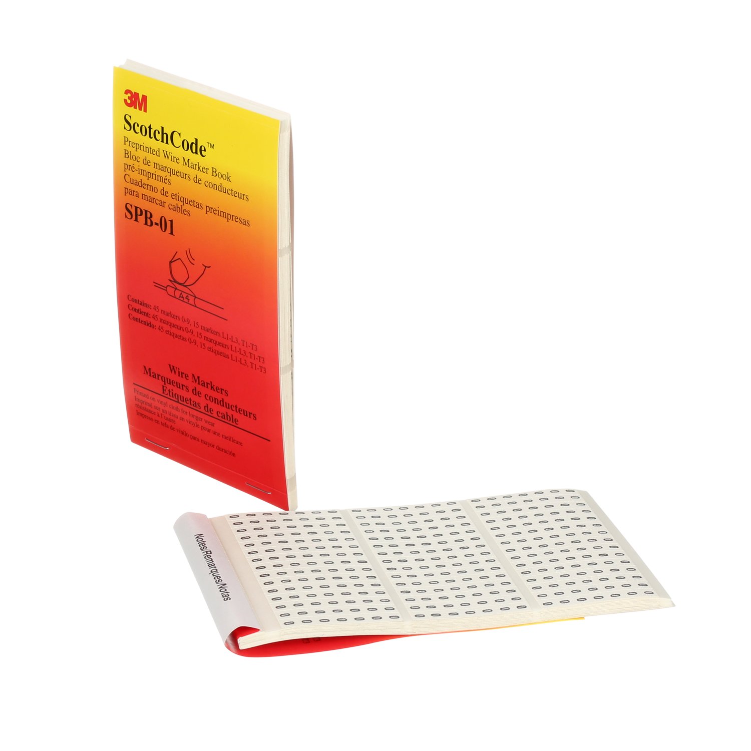 7010319127 - 3M ScotchCode Pre-Printed Wire Marker Book SPB-16-LC1, black print on a white background highlights the characters, 5/Bag