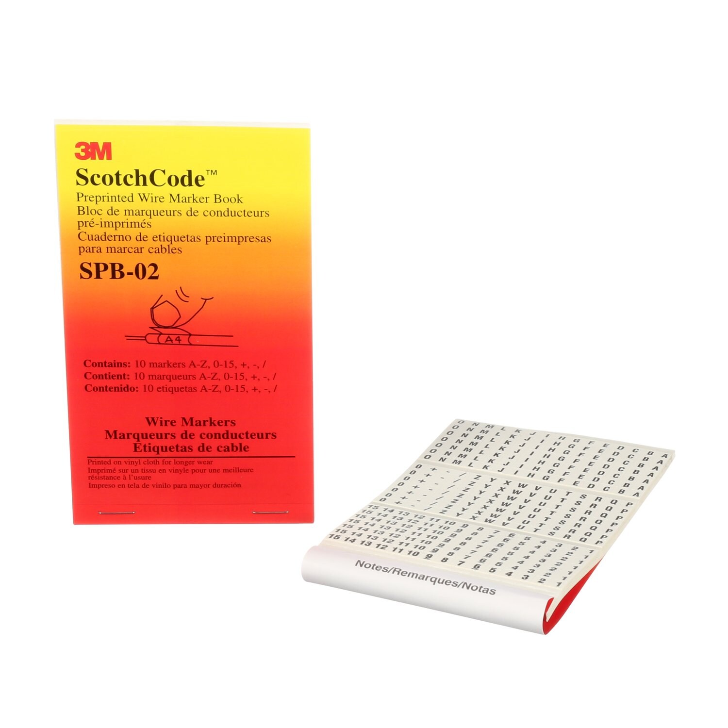 7000132479 - 3M ScotchCode Pre-Printed Wire Marker Book SPB-02, black print on a white background highlights the characters, 5/Case