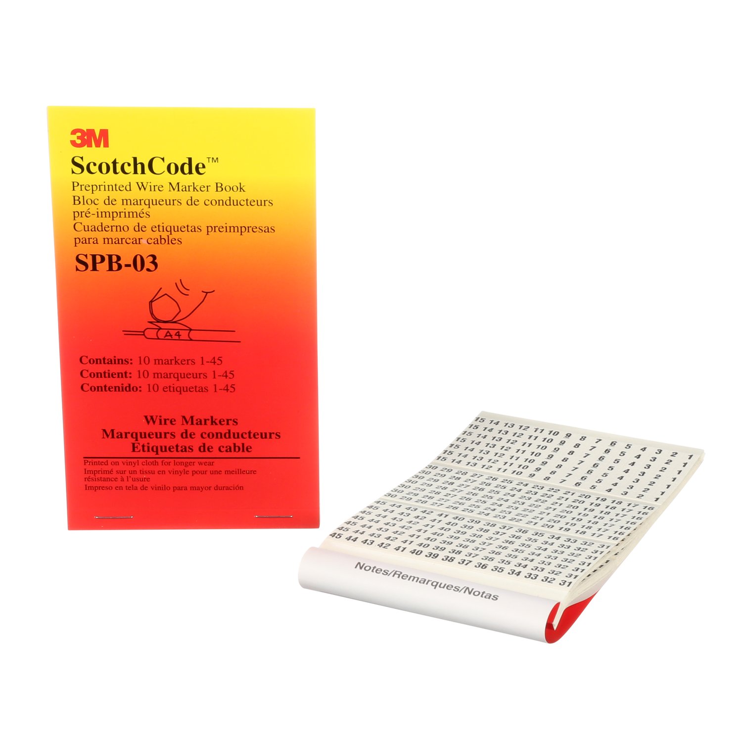 7000132480 - 3M ScotchCode Pre-Printed Wire Marker Book SPB-03, black print on a white background highlights the characters, 5/Case