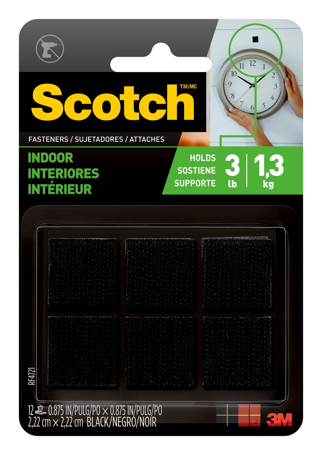 7100110928 - Scotch Indoor Fasteners, RF4721, 7/8 in x 7/8 in (2,22 cm x 2,22 cm), Black, 12 Sets of Squares