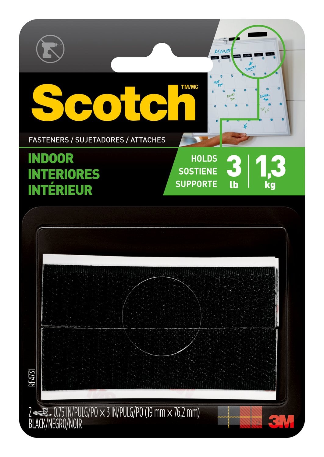 7010377426 - Scotch Indoor Fasteners RF4731, 3/4 in x 3 in (19,0 mm x 76,2 mm), Black, 2 Sets of Strips