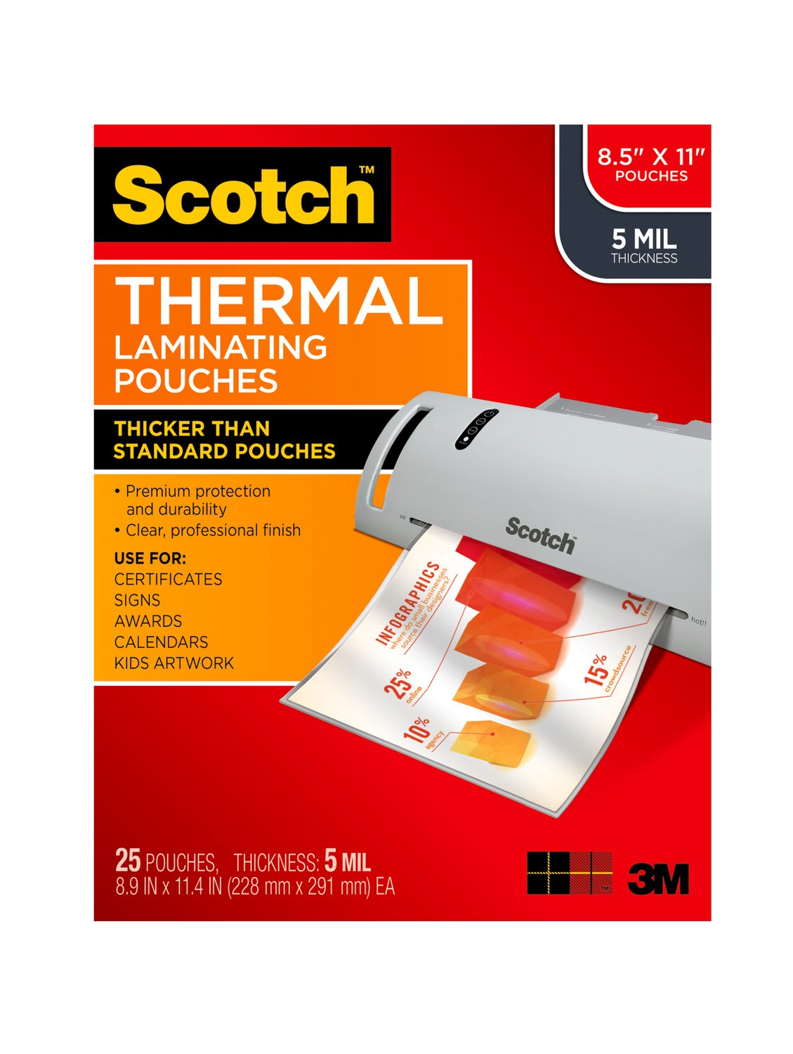 7100084214 - Scotch Thermal Pouches TP5854-25, 8.9 in x 11.4 in (228 mm x 291 mm),
Letter Size 5 mil