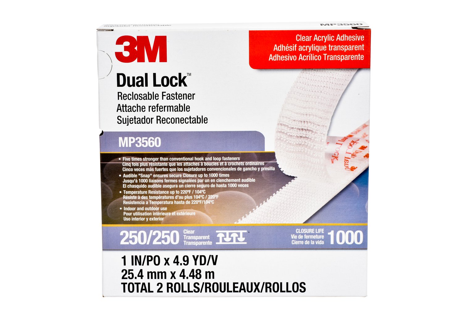 7000051895 - 3M Dual Lock Reclosable Fastener MP3560, Clear, 1 in x 5 yd, Type 250,
2 per pack, 5 per case, PN06463