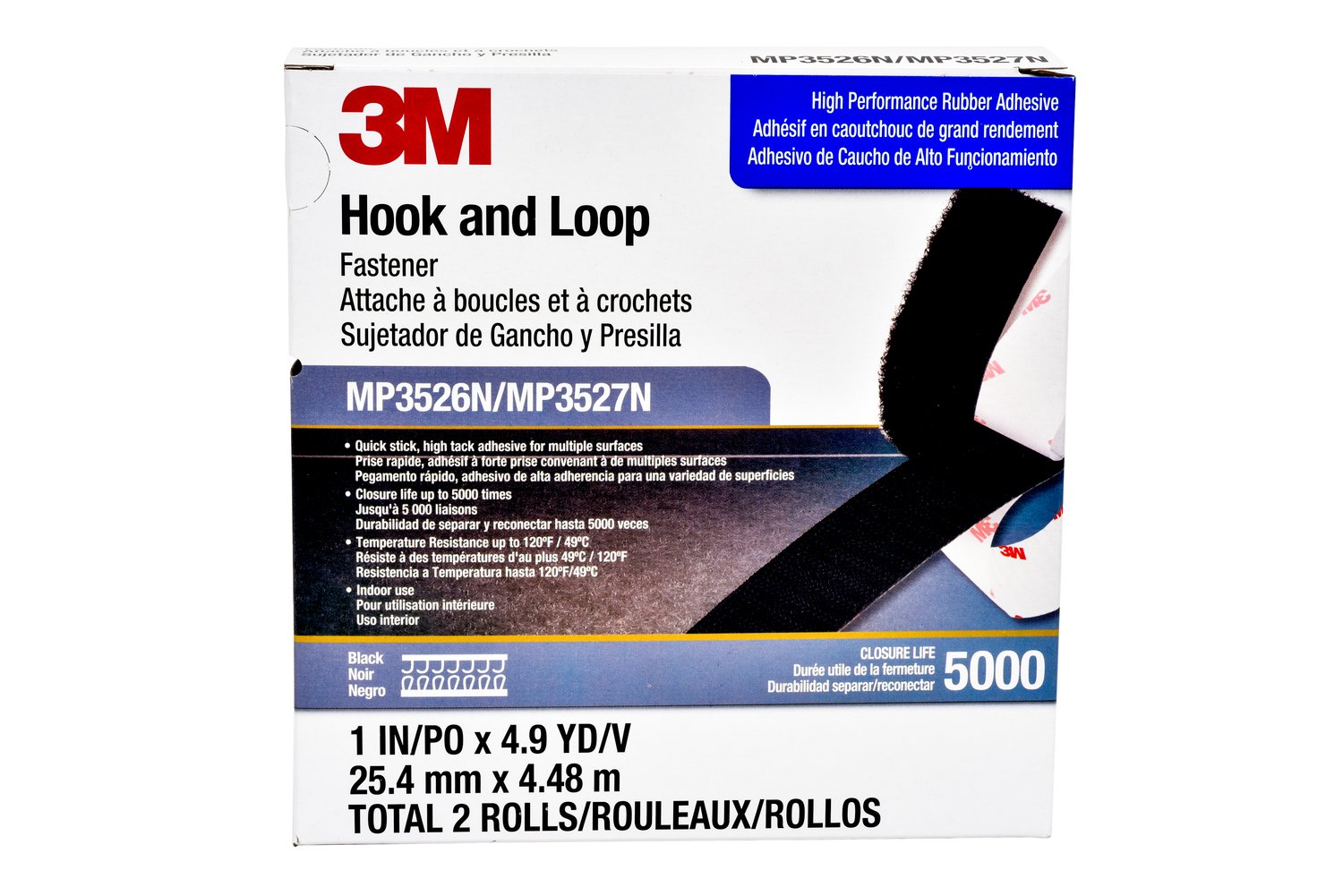 7000052212 - 3M Hook and Loop Fastener MP3526N/MP3527N, Black, 1 in x 5 yd, 5 Pack/Case