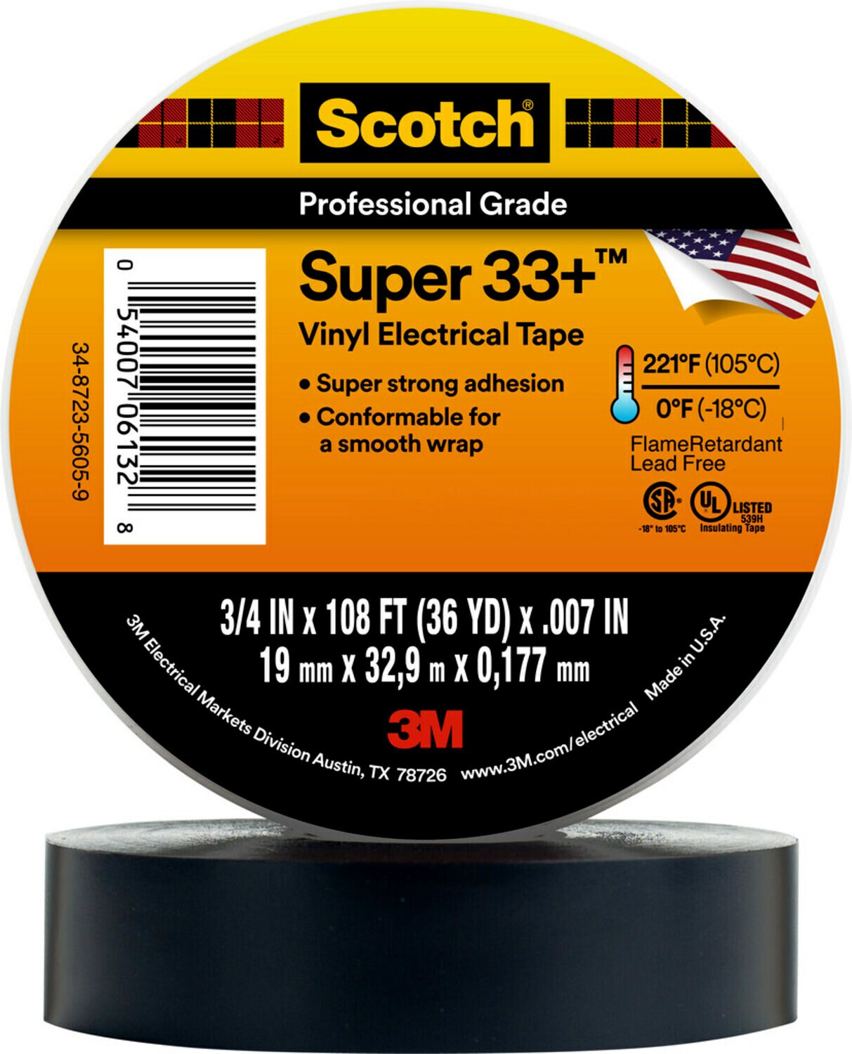 7000057831 - Scotch Super 33+ Vinyl Electrical Tape, 3/4 in x 36 yd, Black, 48
rolls/Case