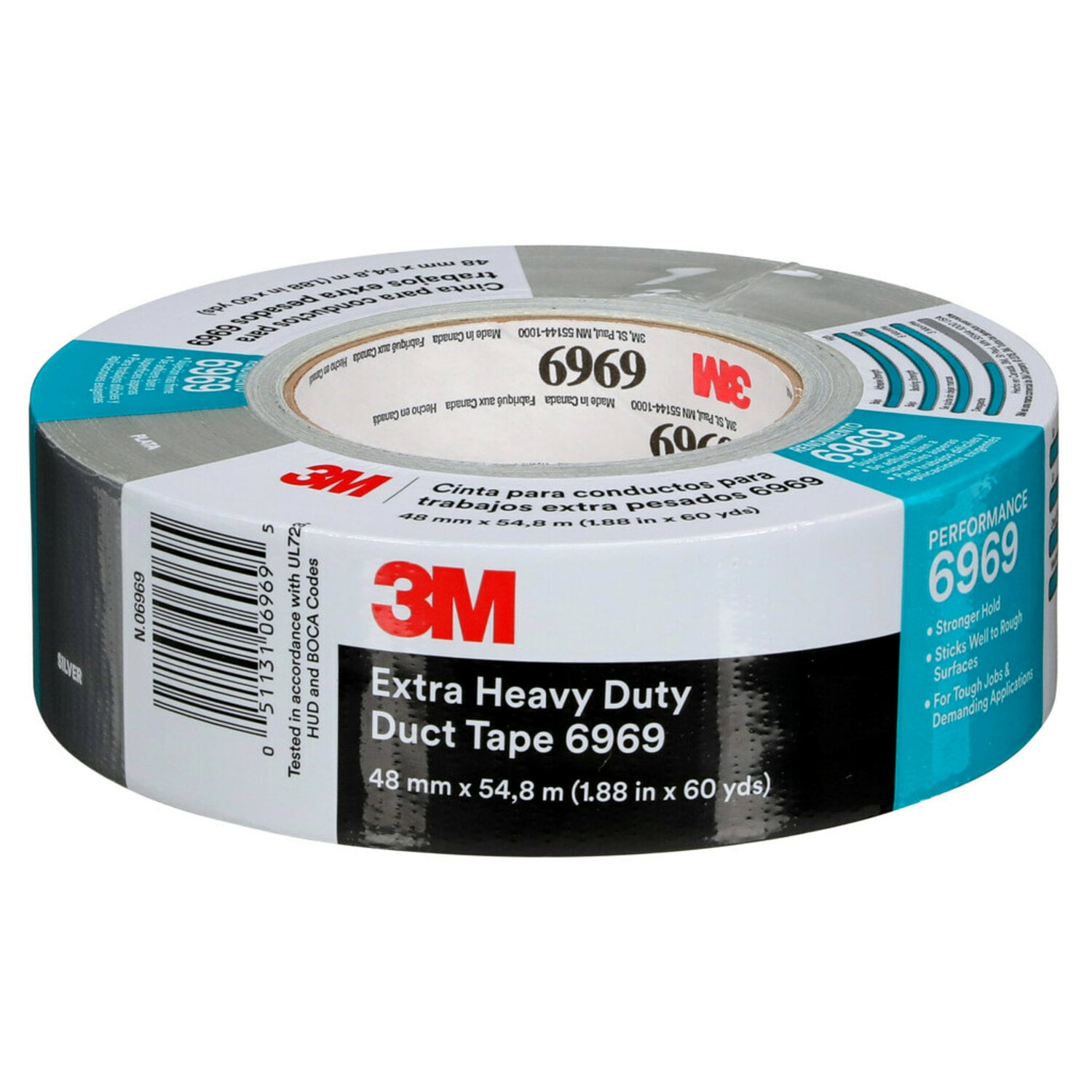 7000001230 - 3M Extra Heavy Duty Duct Tape 6969, Silver, 48 mm x 54.8 m, 10.7 mil, 24 Roll/Case, Individually Wrapped Conveniently Packaged