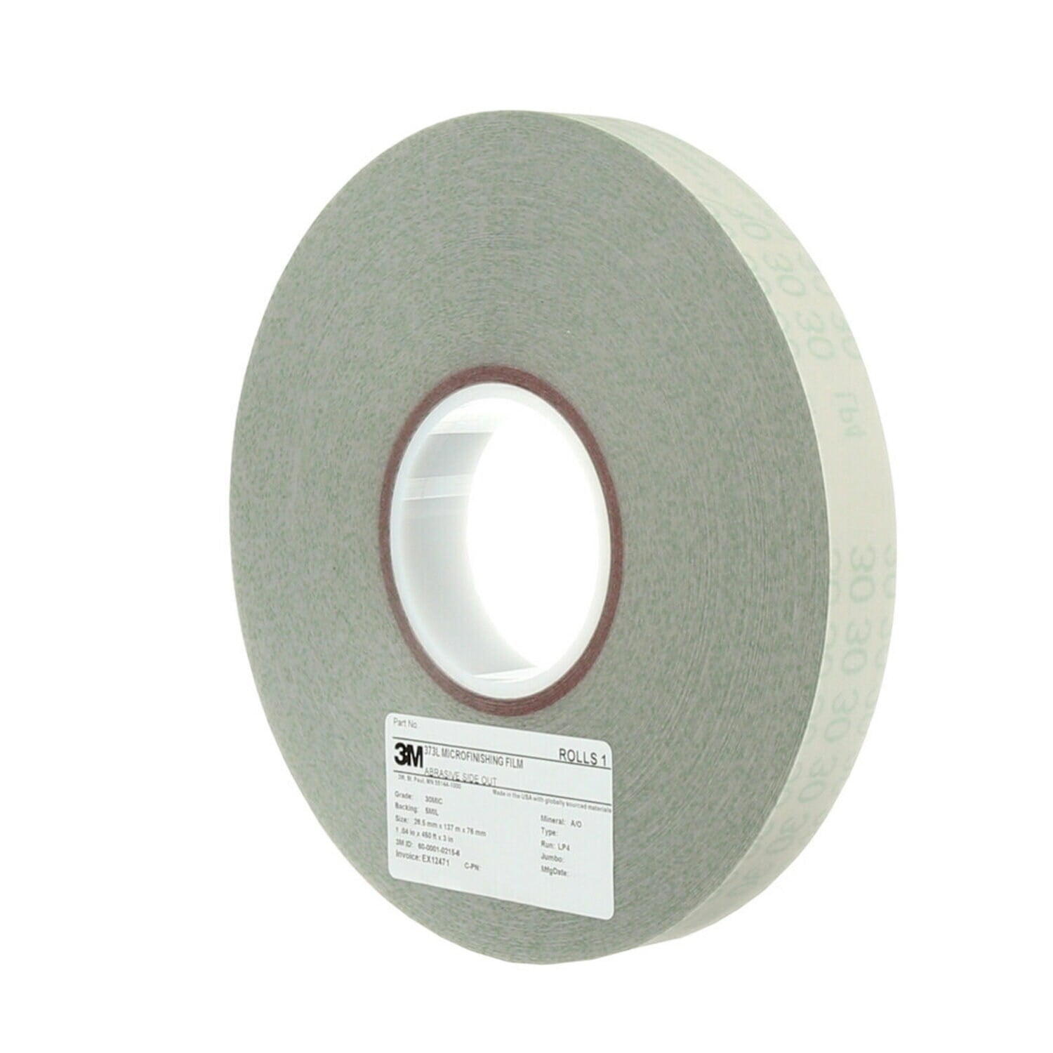 7100241034 - 3M Microfinishing Film Roll 372L, 30 Mic 5MIL, 0.827 in x 500 ft x1 in (21mmx152.5m), Plastic Core, ASO, End Roll Mark Black