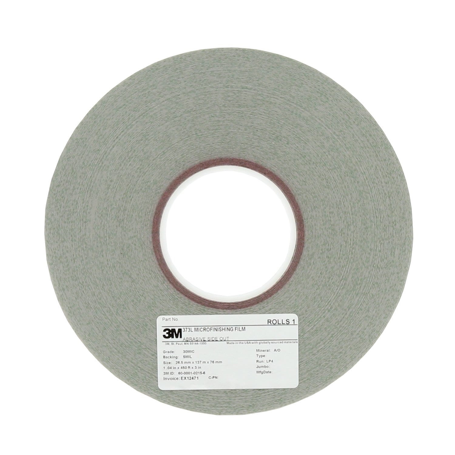 7100208024 - 3M Microfinishing Film Roll 373L, 30 Mic 5MIL, Type 2, Green, 2-1/16 in x 450 ft x 1 in (52.39mmx137.25m), Plastic Core, ASO