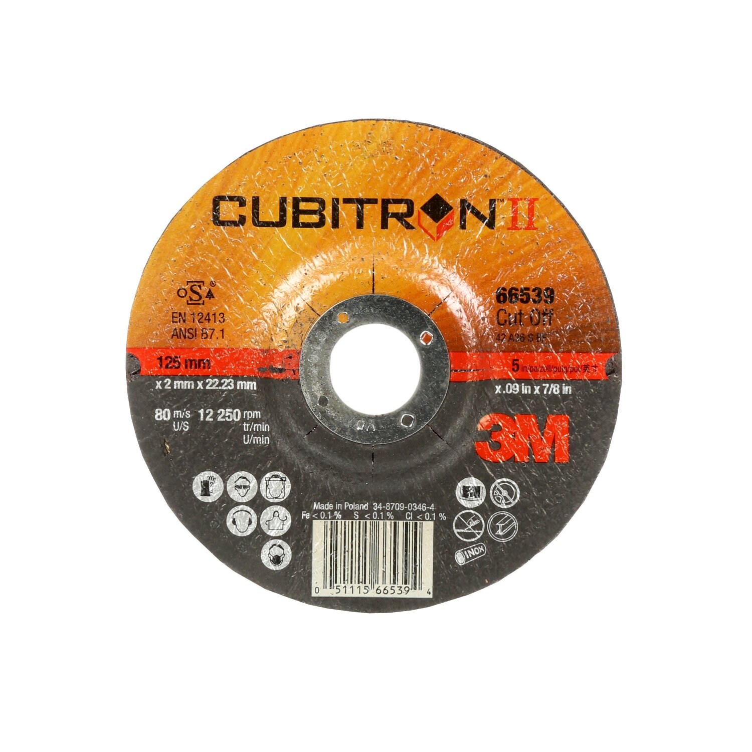 7100228957 - 3M Cubitron II Cut-Off Wheel, 66539, 36, T42, 125 mm x 2 mm x 22.23
mm, 25/Inner, 50 ea/Case