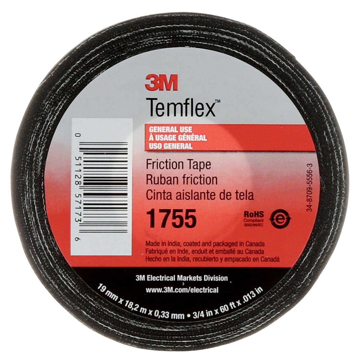 7000058870 - 3M Temflex Cotton Friction Tape 1755, 3/4 in x 60 ft, Black, 20 rolls/Case