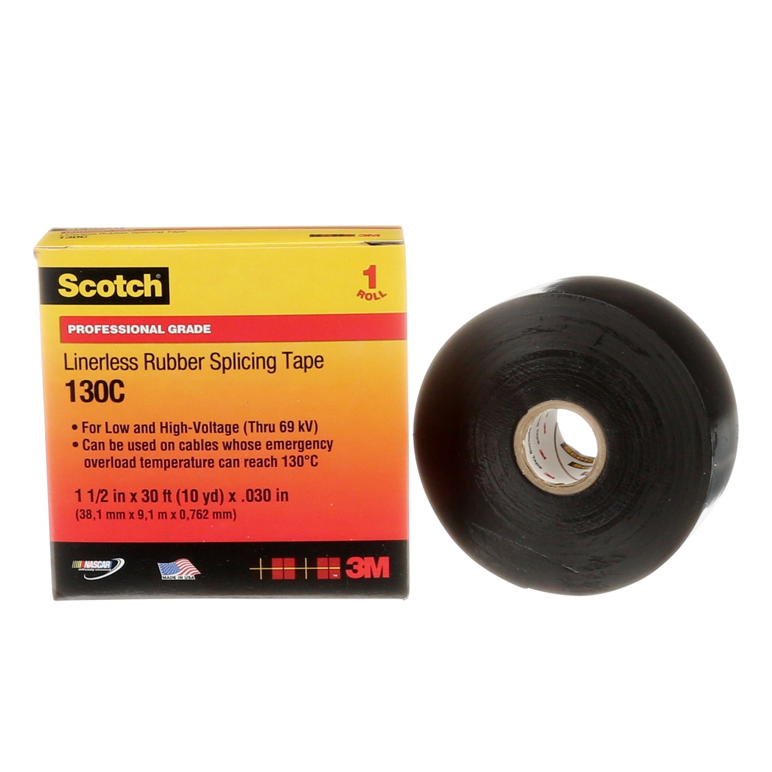 7000006086 - Scotch Linerless Rubber Splicing Tape 130C, 1-1/2 in x 30 ft, Black, 1 roll/carton, 12 rolls/Case