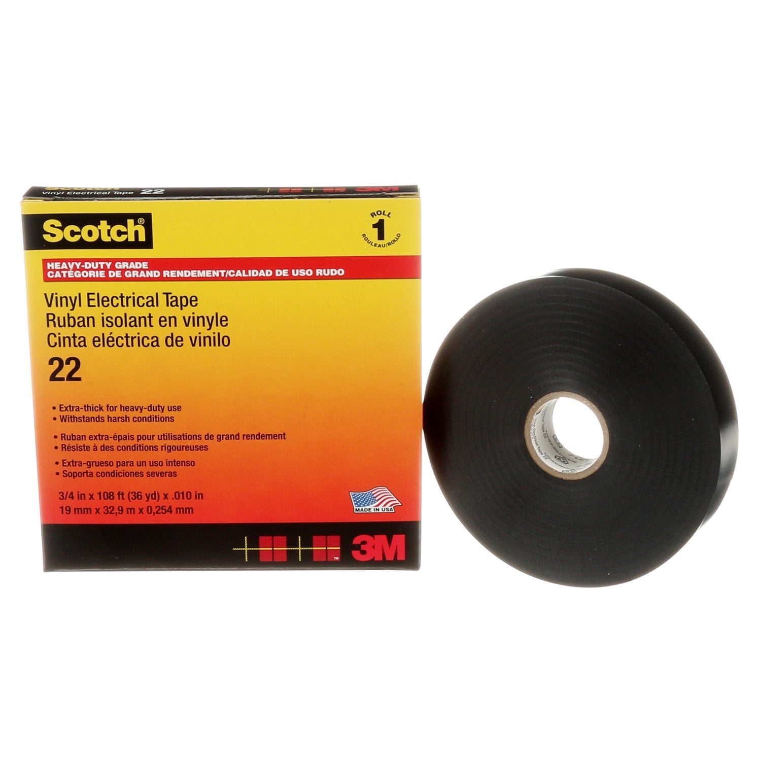 7000031344 - Scotch Vinyl Electrical Tape 22, 3/4 in x 36 yd, Black, 12 rolls/carton, 48 rolls/Case