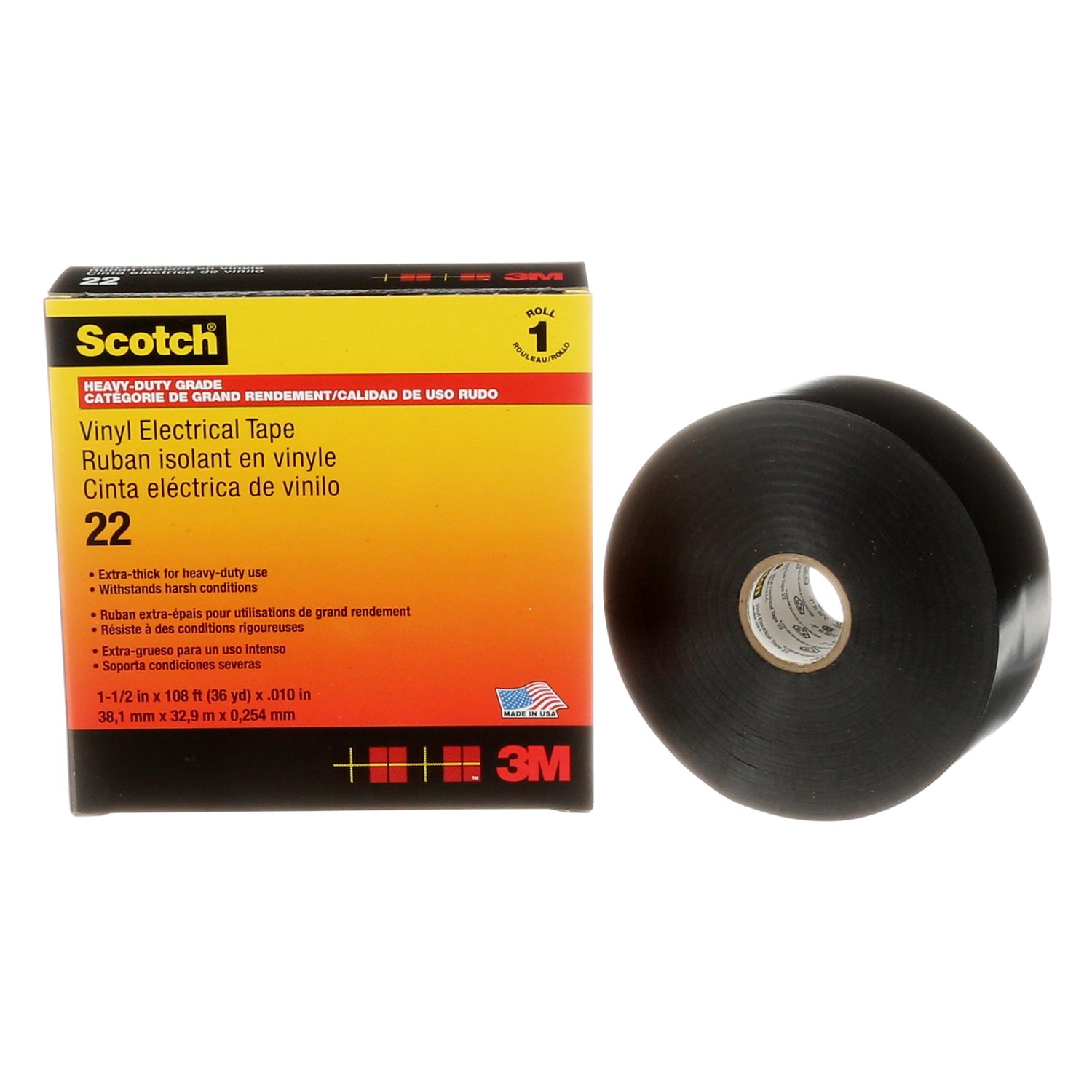 7000031345 - Scotch Vinyl Electrical Tape 22, 1-1/2 in x 36 yd, Black, 12 rolls/Case