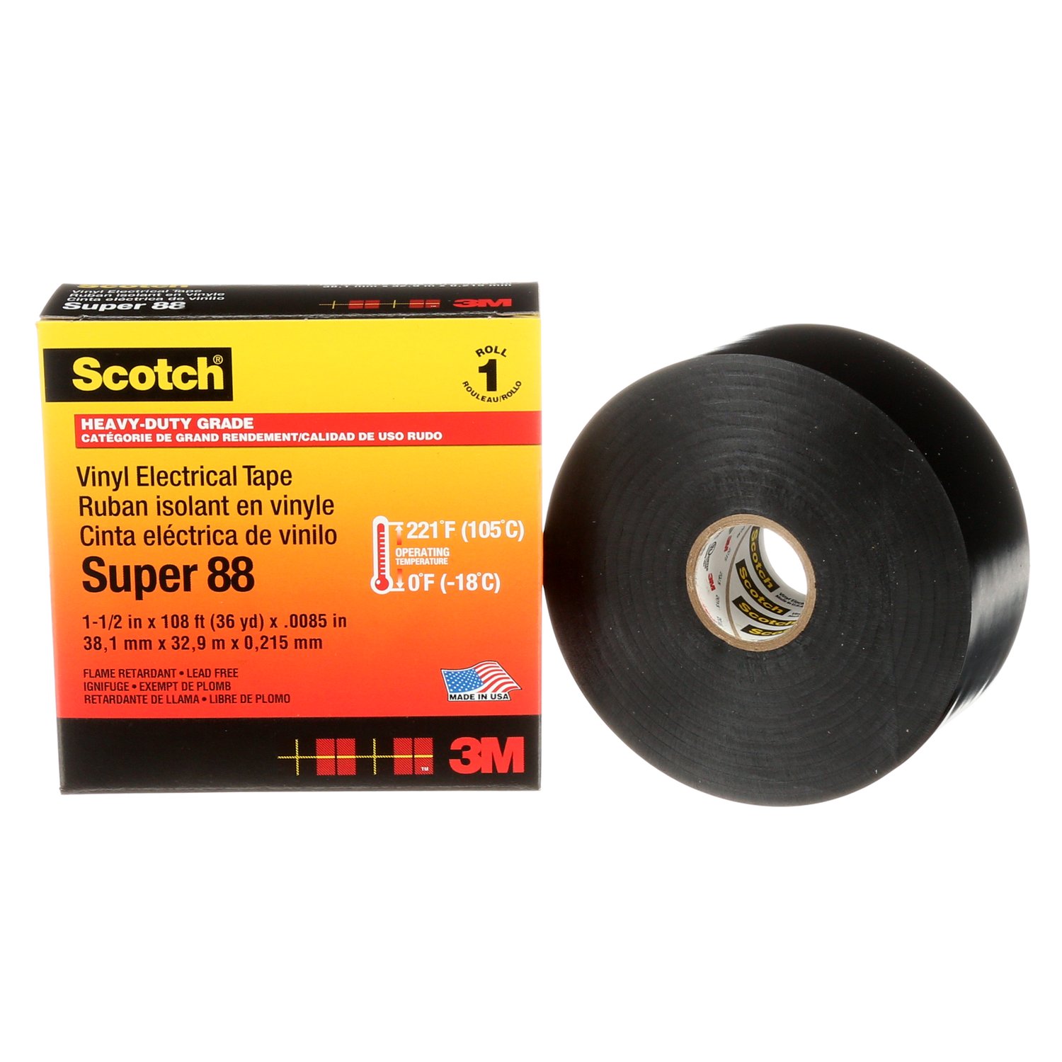 7000031459 - Scotch Vinyl Electrical Tape Super 88, 1-1/2 in x 36 yd, Black, 12 rolls/Case