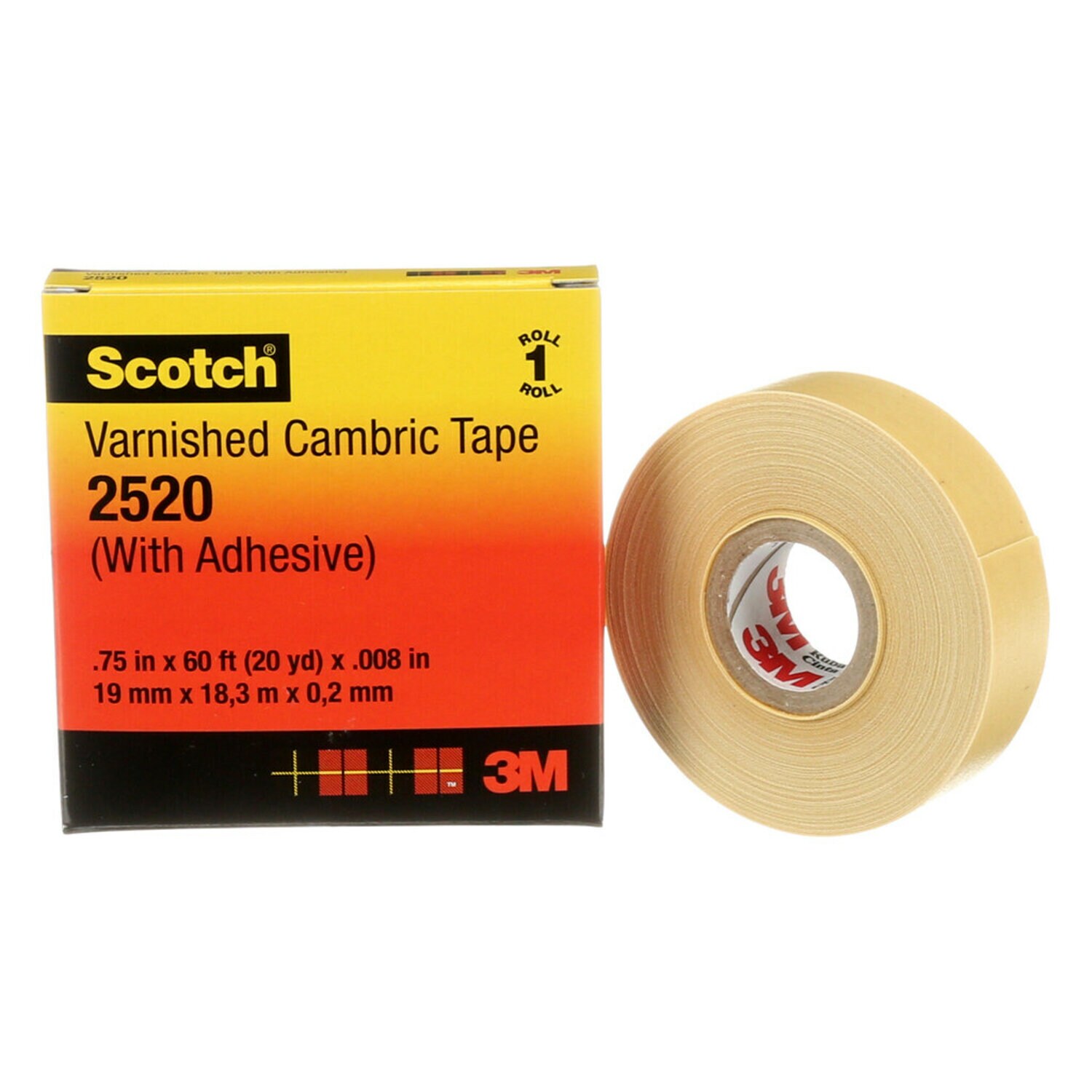 7000031629 - Scotch Varnished Cambric Tape 2520, 3/4 in x 60 ft, Yellow, 1 roll/carton, 20 rolls/Case