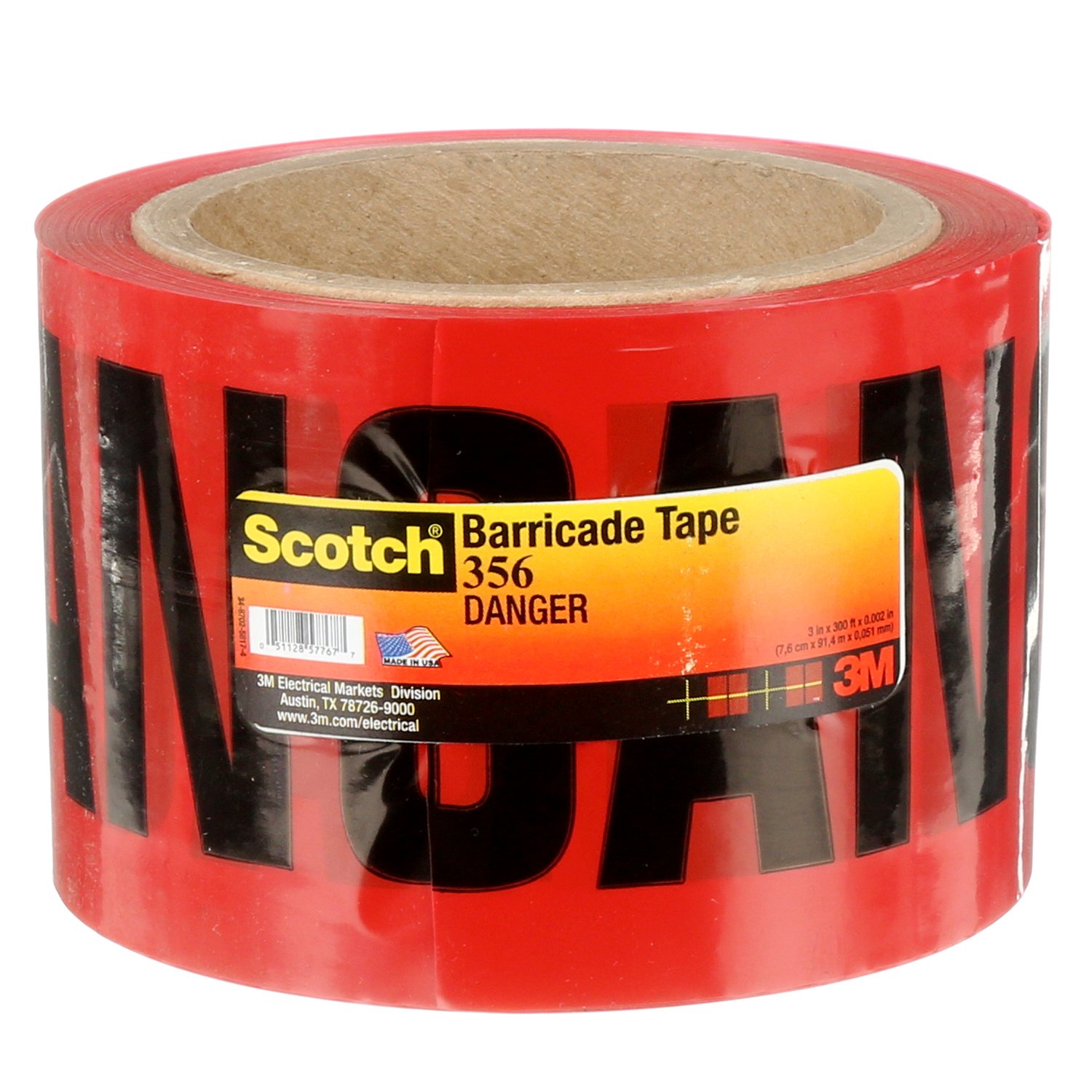 7000133182 - Scotch Barricade Tape 356, DANGER, 3 in x 300 ft, Red, 16 rolls/Case
