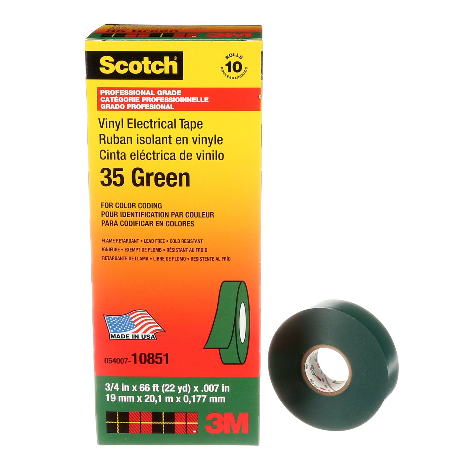 7000006098 - Scotch Vinyl Color Coding Electrical Tape 35, 3/4 in x 66 ft, Green, 10 rolls/carton, 100 rolls/Case