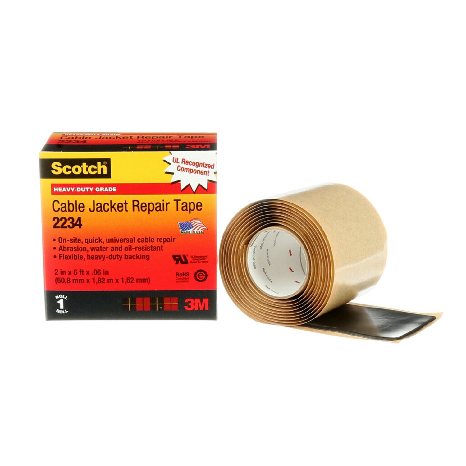 7000006227 - Scotch Cable Jacket Repair Tape 2234, 2 in x 6 ft, Black, 1 roll/carton, 10 rolls/Case