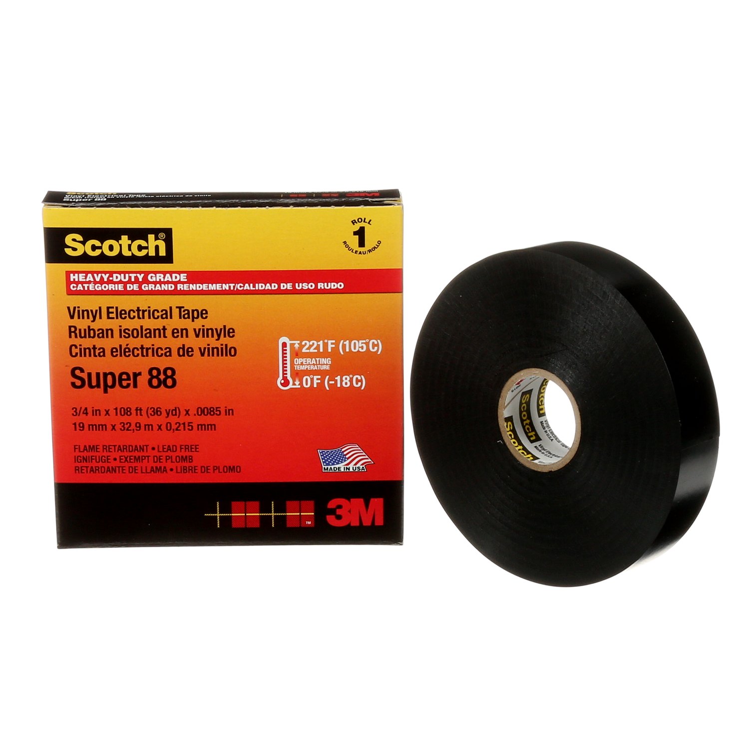 7000058434 - Scotch Vinyl Electrical Tape Super 88, 3/4 in x 36 yd, Black, 12
rolls/carton, 48 rolls/Case
