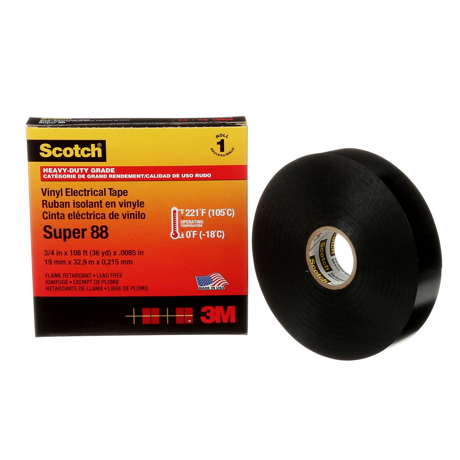7000058434 - Scotch Vinyl Electrical Tape Super 88, 3/4 in x 36 yd, Black, 12 rolls/carton, 48 rolls/Case