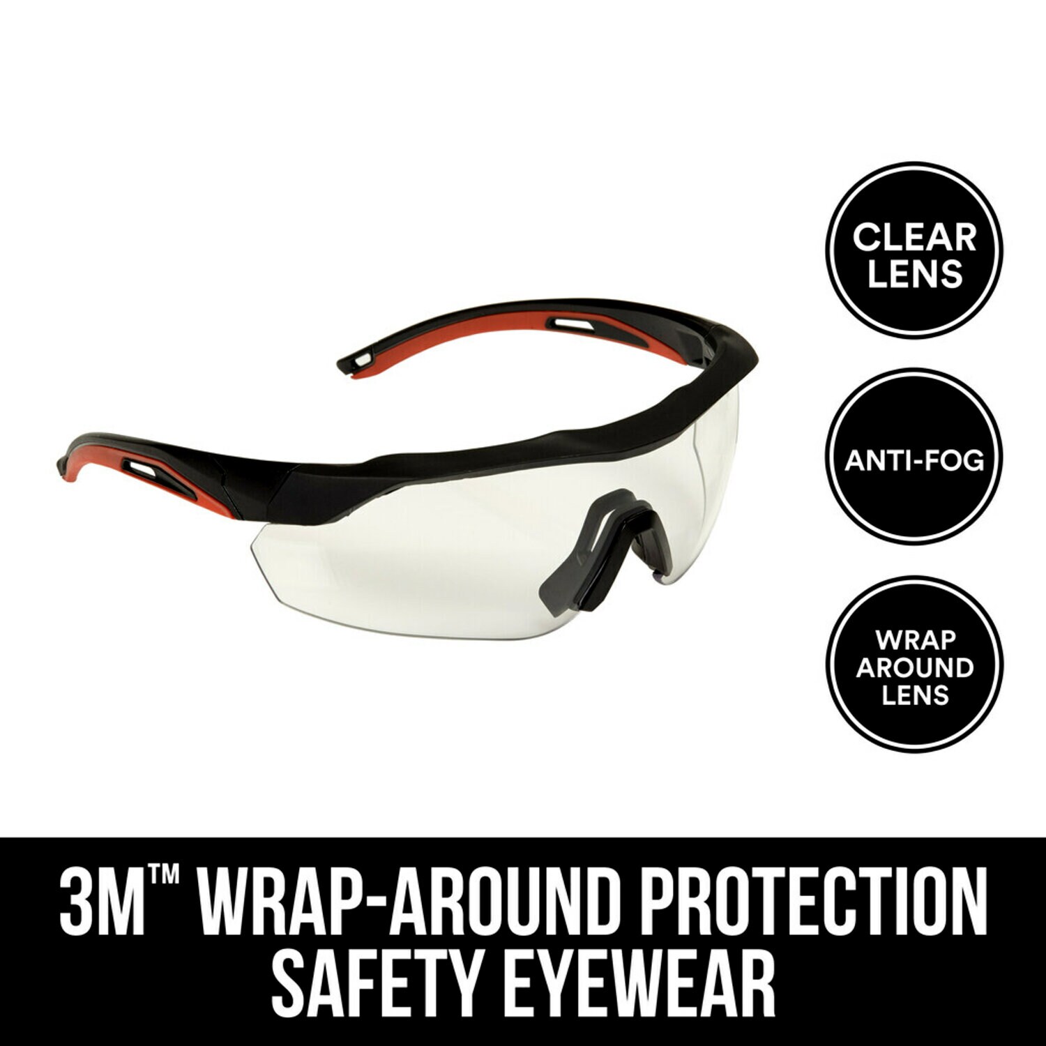7100153543 - 3M Performance Eyewear Anti-Fog, 47090H1-DC, Black/Red, Clear Lens, 4/case