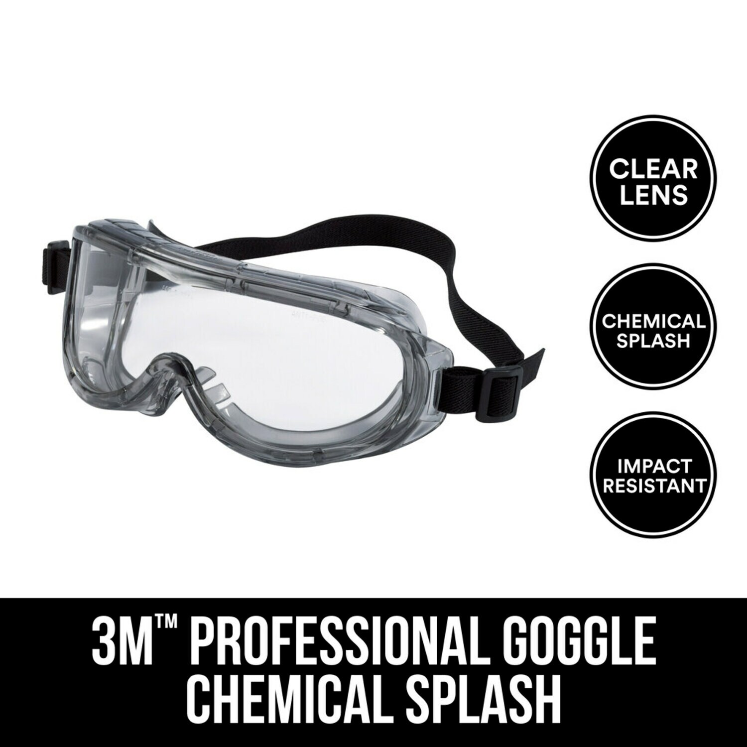 7100160750 - 3M Professional Goggle, Chemical Splash, 91264H1-DC, Black Strap, Gray
Lens, 4/case