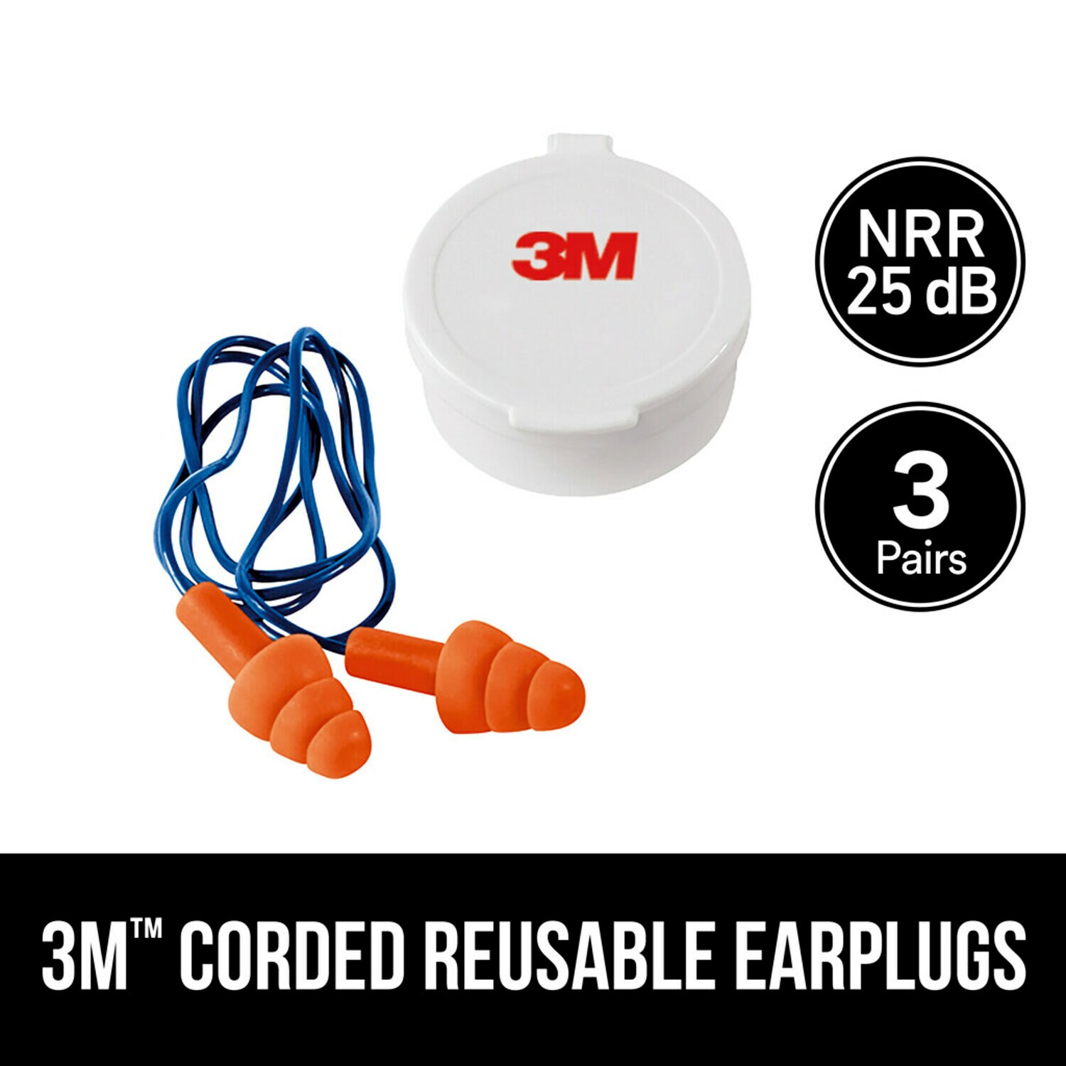7100158585 - 3M Corded Reusable Earplugs, 90716H3-DC, 3 pairs with case per pack, 10 packs/case