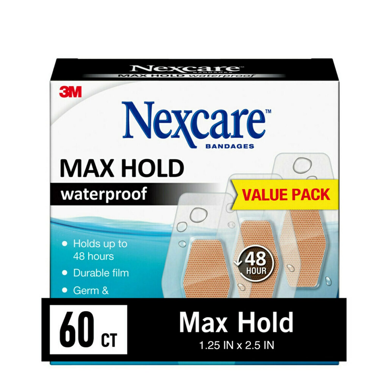 7100215978 - Nexcare Max Hold Waterproof Bandages MHW-60, One Size 60ct 1.25 in x 2.5 in (31 mm x 63 mm)