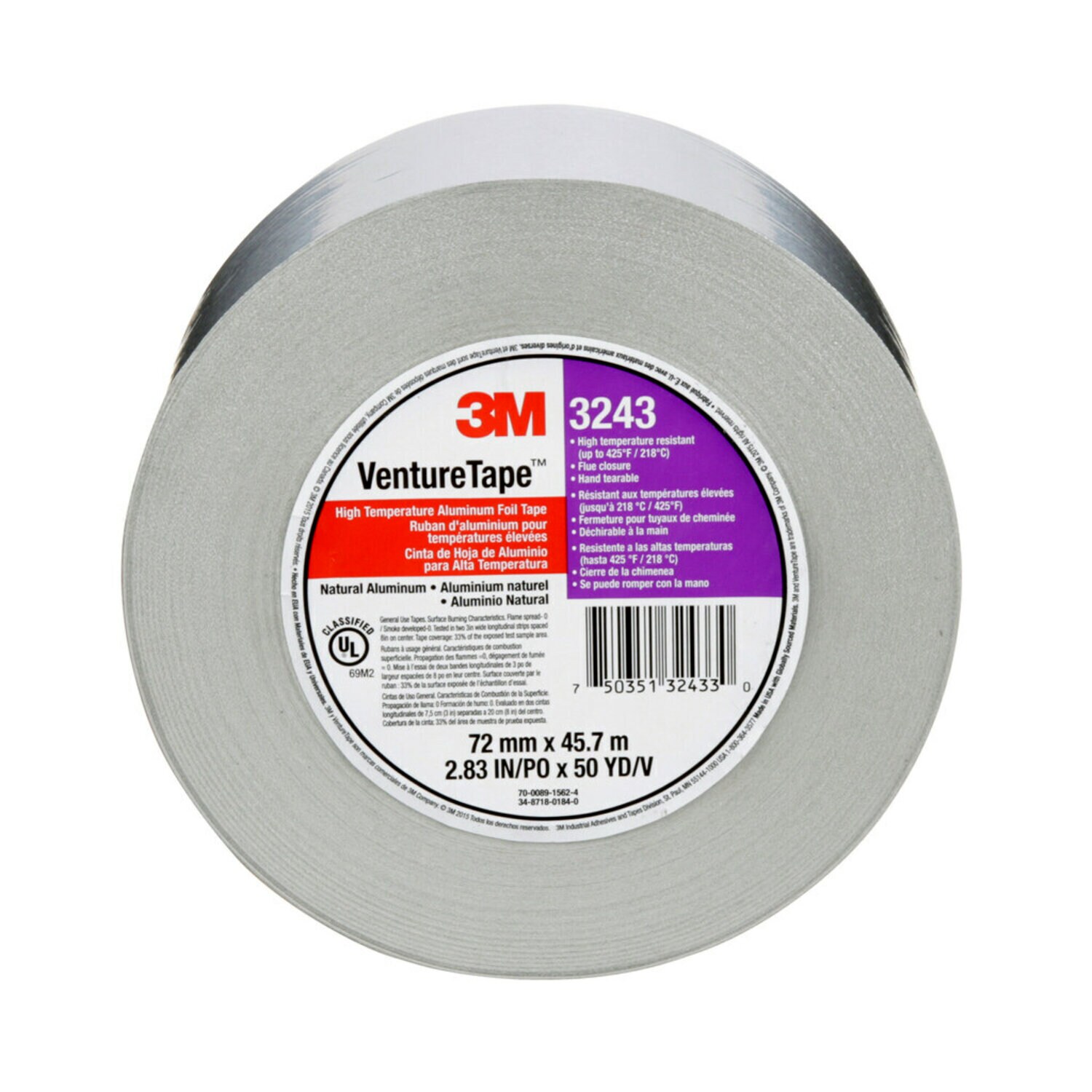 7100043878 - 3M Venture Tape High Temperature Aluminum Foil Tape 3243, Silver, 72 mm x 45.7 m, 3.5 mil, 16 Rolls/Case