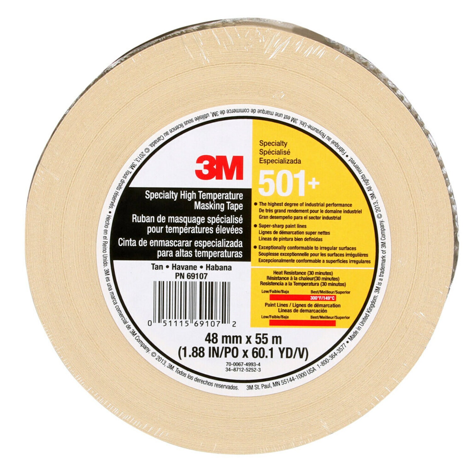 7010335156 - 3M Specialty High Temperature Masking Tape 501+, Tan, 48 mm x 55 m, 24/Case, Individually Wrapped Conveniently Packaged