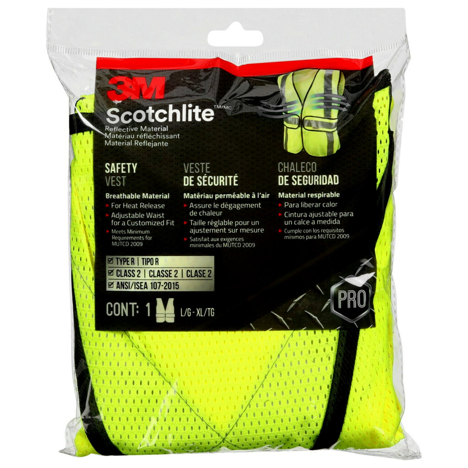 7100178483 - 3M Reflective Construction Safety Vest with 5 Point Tear Away, Class 2 , Hi-Viz Yellow, 94617-80030-PS, 5/cs