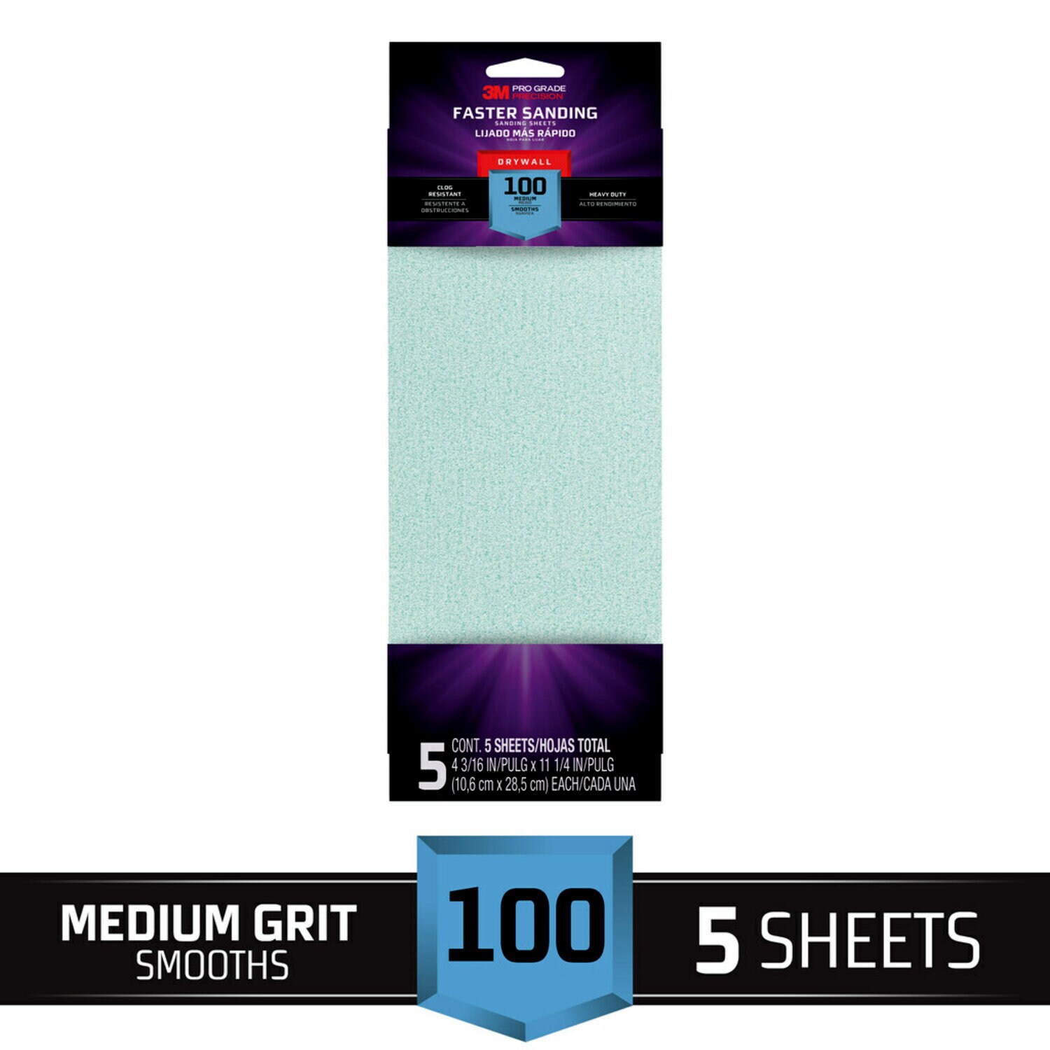 7100156102 - 3M Pro Grade Precision Faster Sanding Drywall Sanding Sheets 9094PGP-CC, 4 3/16 in x 11 1/4 in, 100 grit, 5/pk