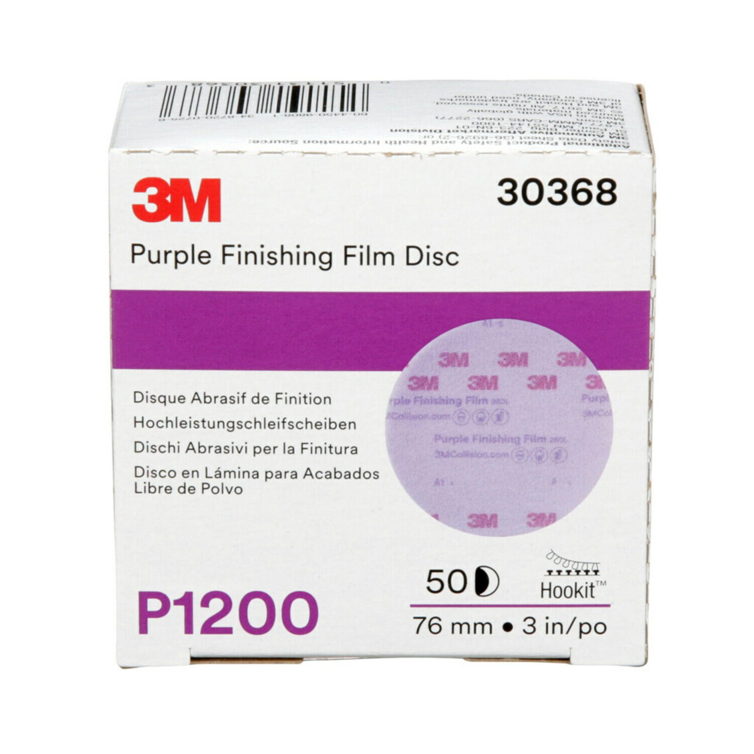 7100123056 - 3M Hookit Purple Finishing Film Abrasive Disc 260L, 30368, 3 in,
P1200, 50 discs per carton, 4 cartons per case