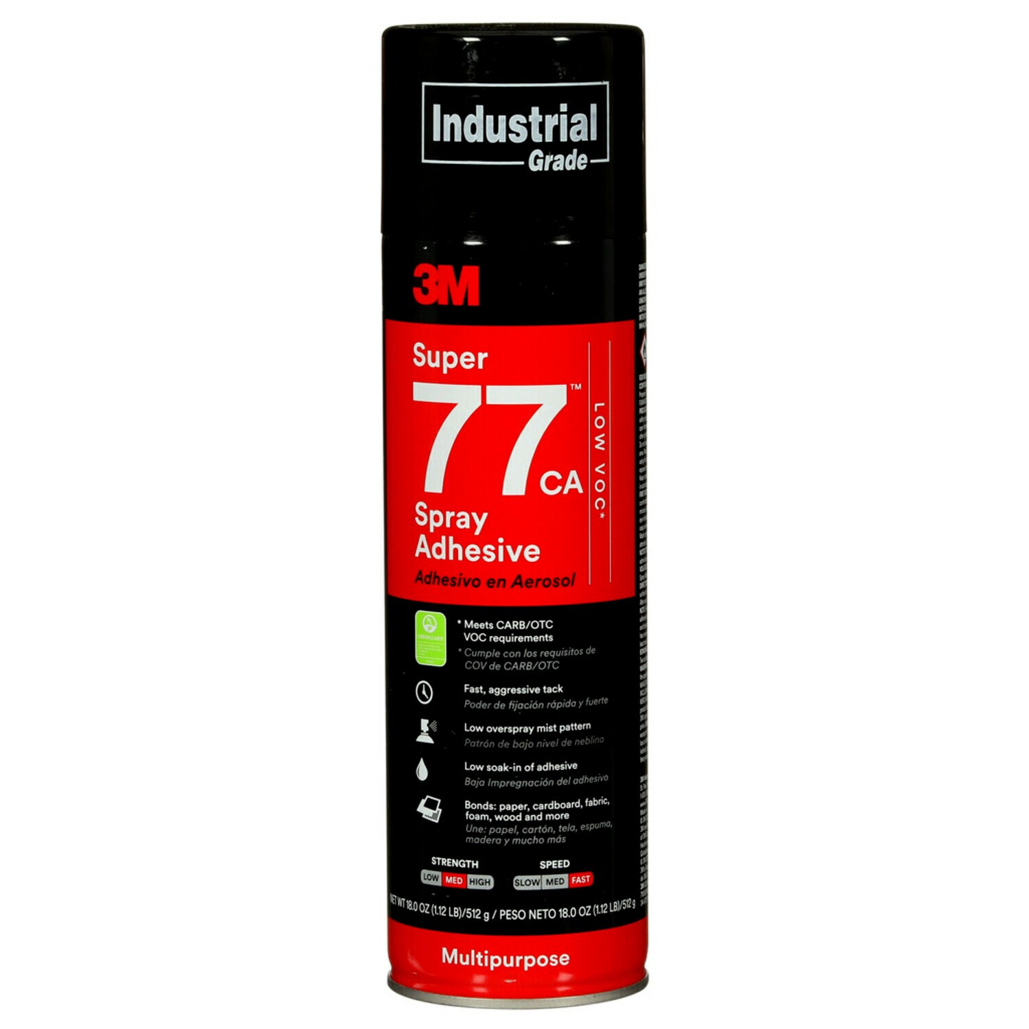 7100014109 - 3M Super 77 CA Multipurpose Spray Adhesive, Low VOC <25%, Clear, 24 fl oz (Net Wt 18.0 oz), 12 Can/Case