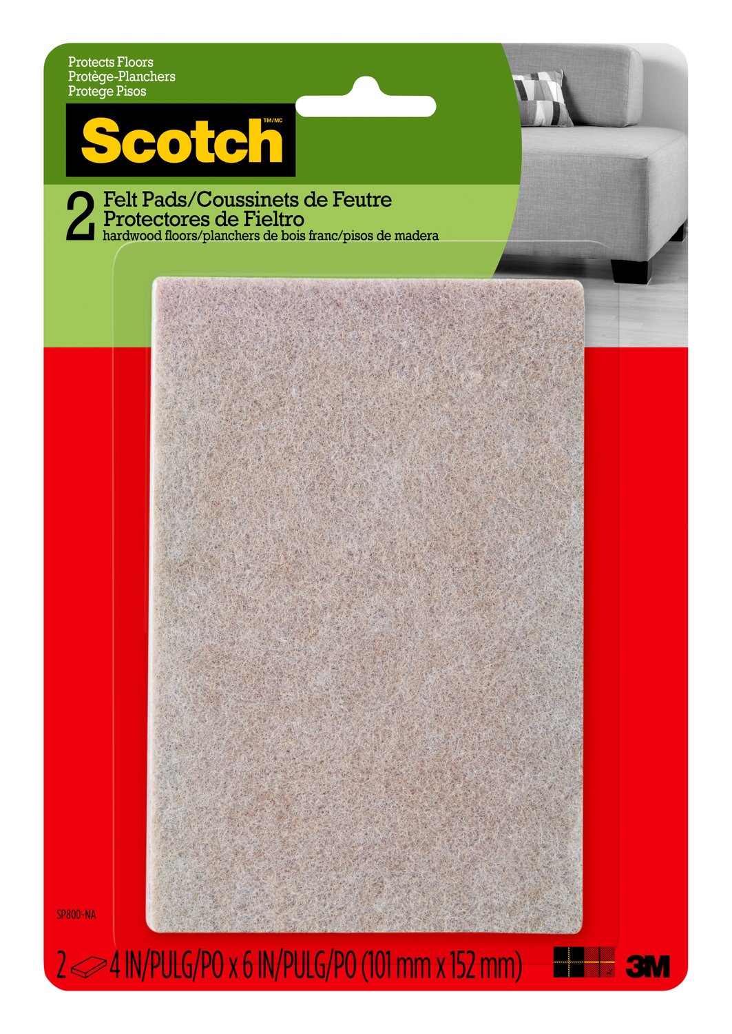 7100097914 - Scotch Rectangle Felt Pads SP800-NA, Beige, 4 in x 6 in, 2/pk