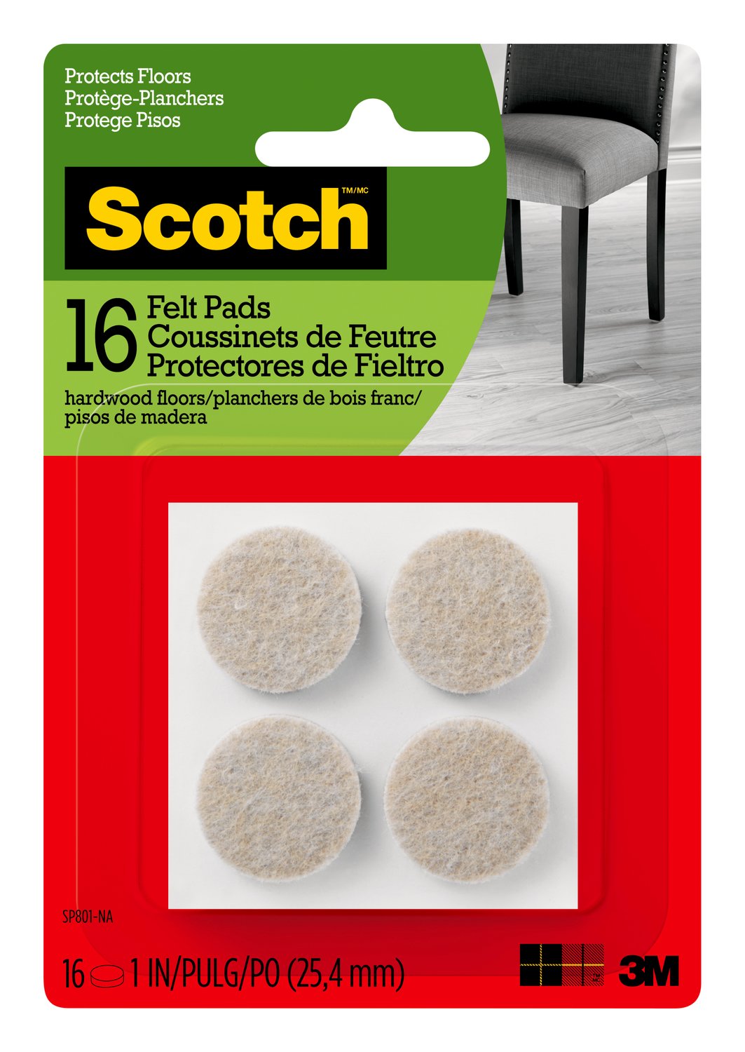 7100097907 - Scotch Round Felt Pads SP801-NA, Beige, 1 in, 16/pk