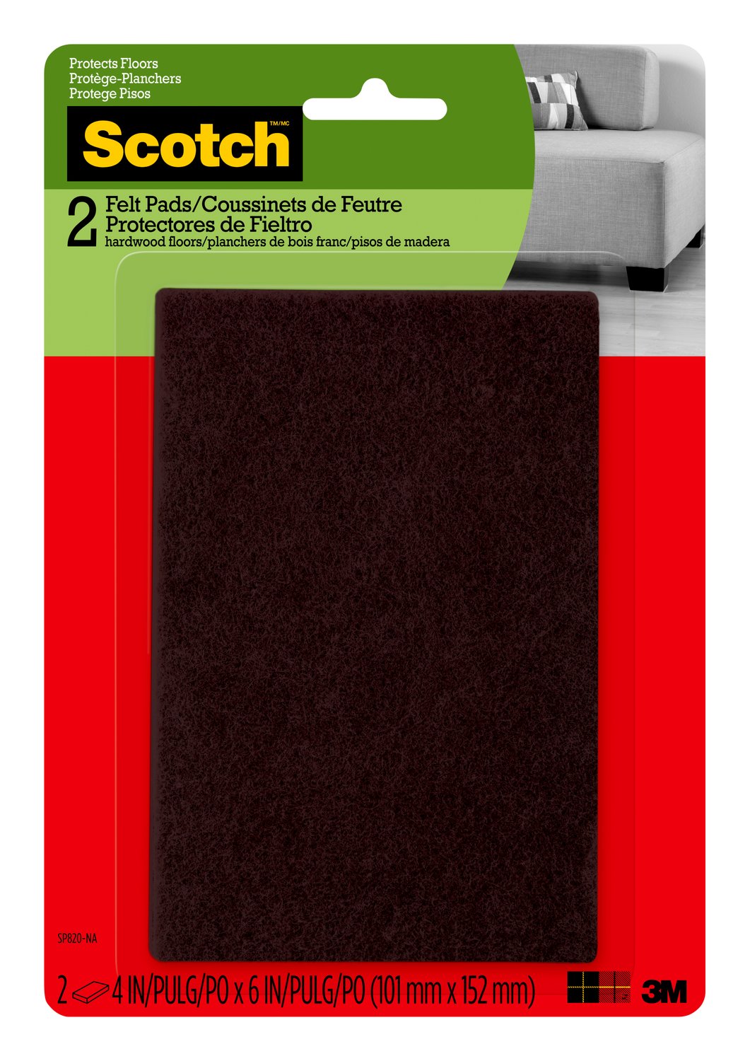 7100097763 - Scotch) Rectangle Felt Pads SP820-NA, Brown, 4 in x 6 in, 2/pk