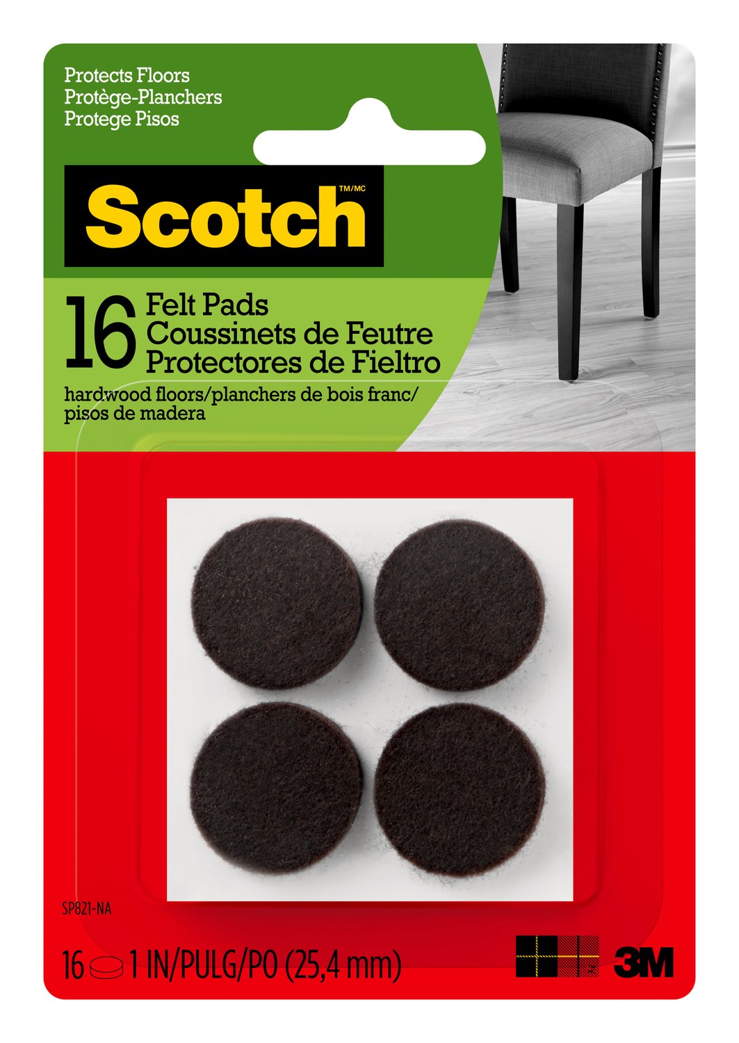 7100097913 - Scotch Round Felt Pads SP821-NA, Brown, 1 in, 16/pk