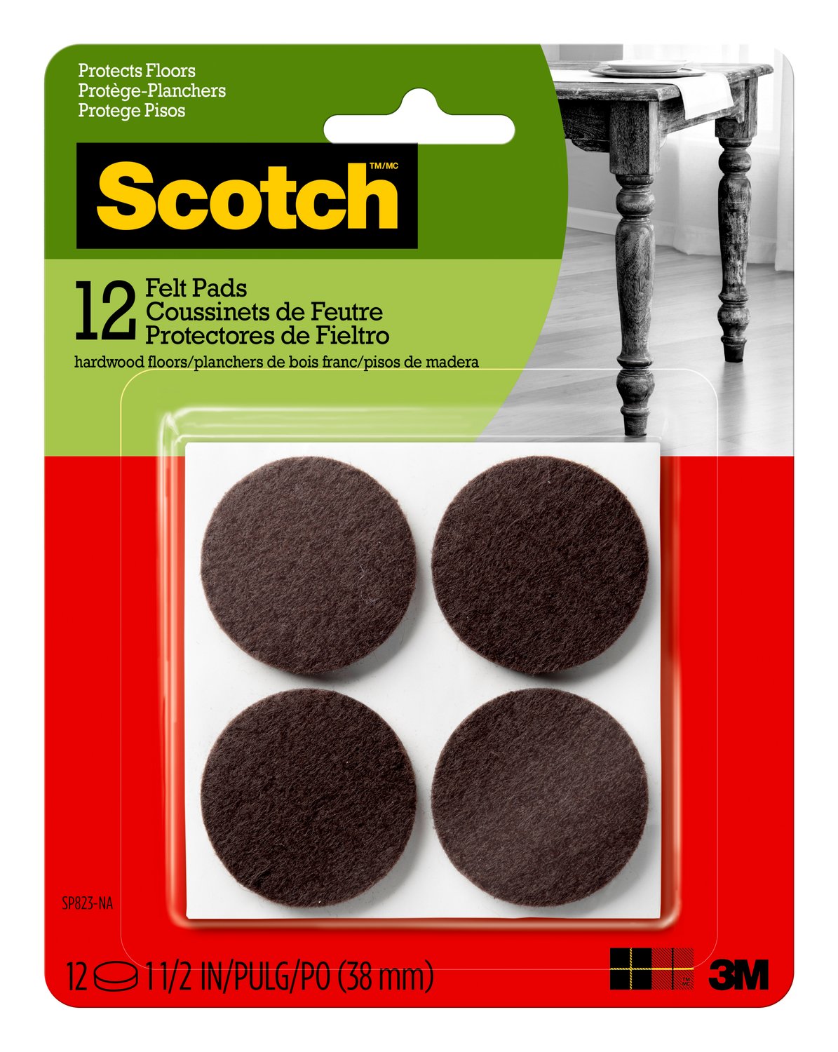 7100098100 - Scotch Round Felt Pads SP823-NA, Brown, 1.5 in, 12/pk