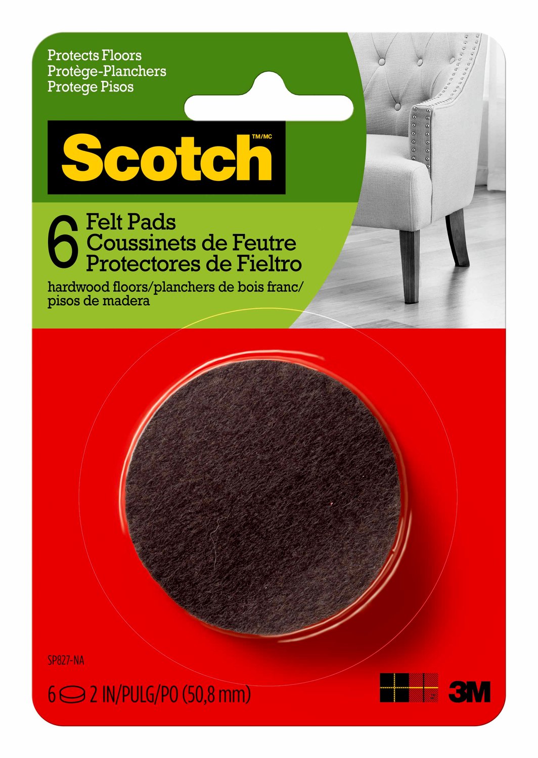 7100097909 - Scotch Round Felt Pads SP827-NA, Brown, 2 in, 6/pk