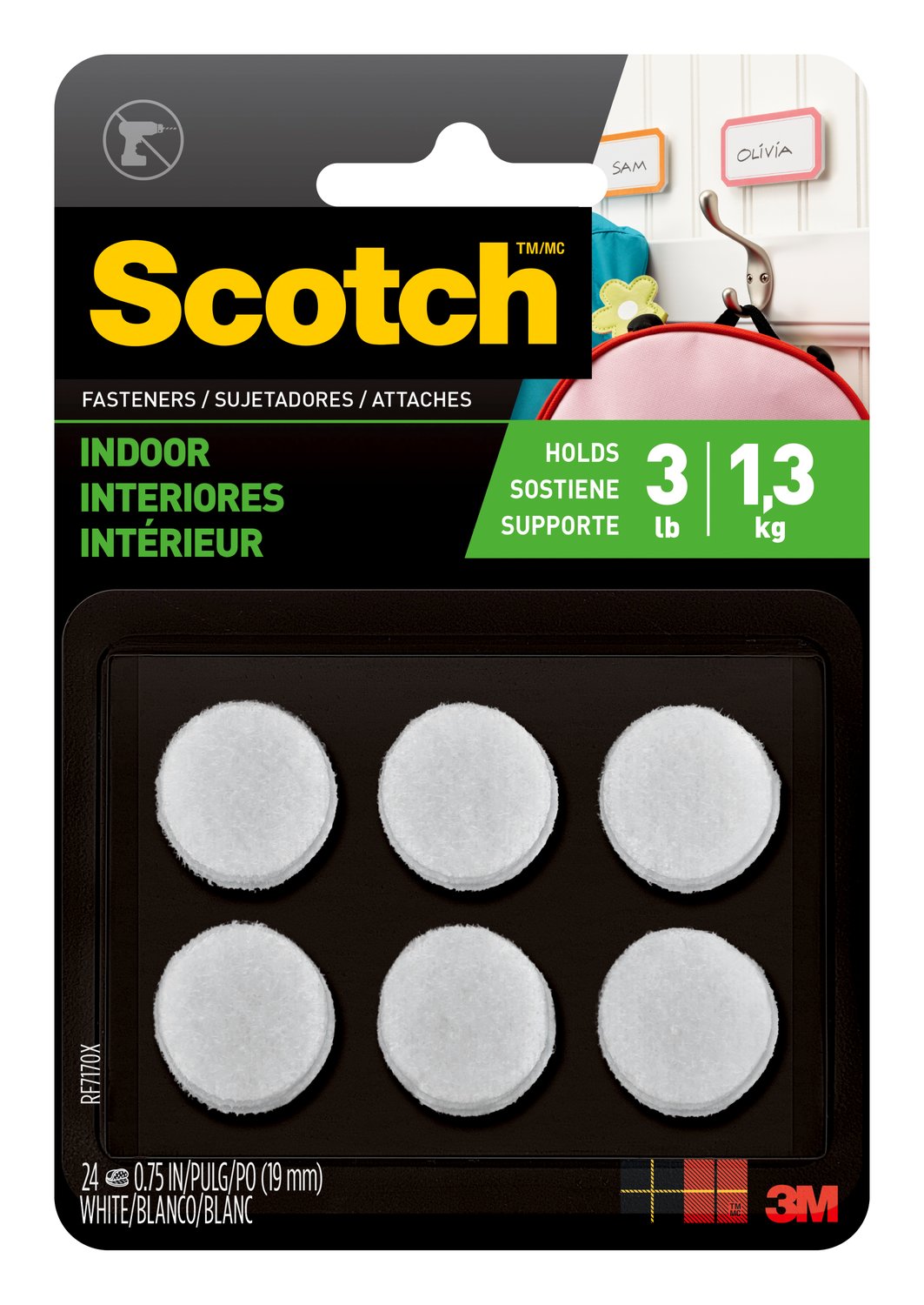 7010337286 - Scotch Indoor Fasteners, RF7170X-ALT, 3/4 in x 3/4 in (19 mm) 3/4 in dots white, 24 each, adhesive backing