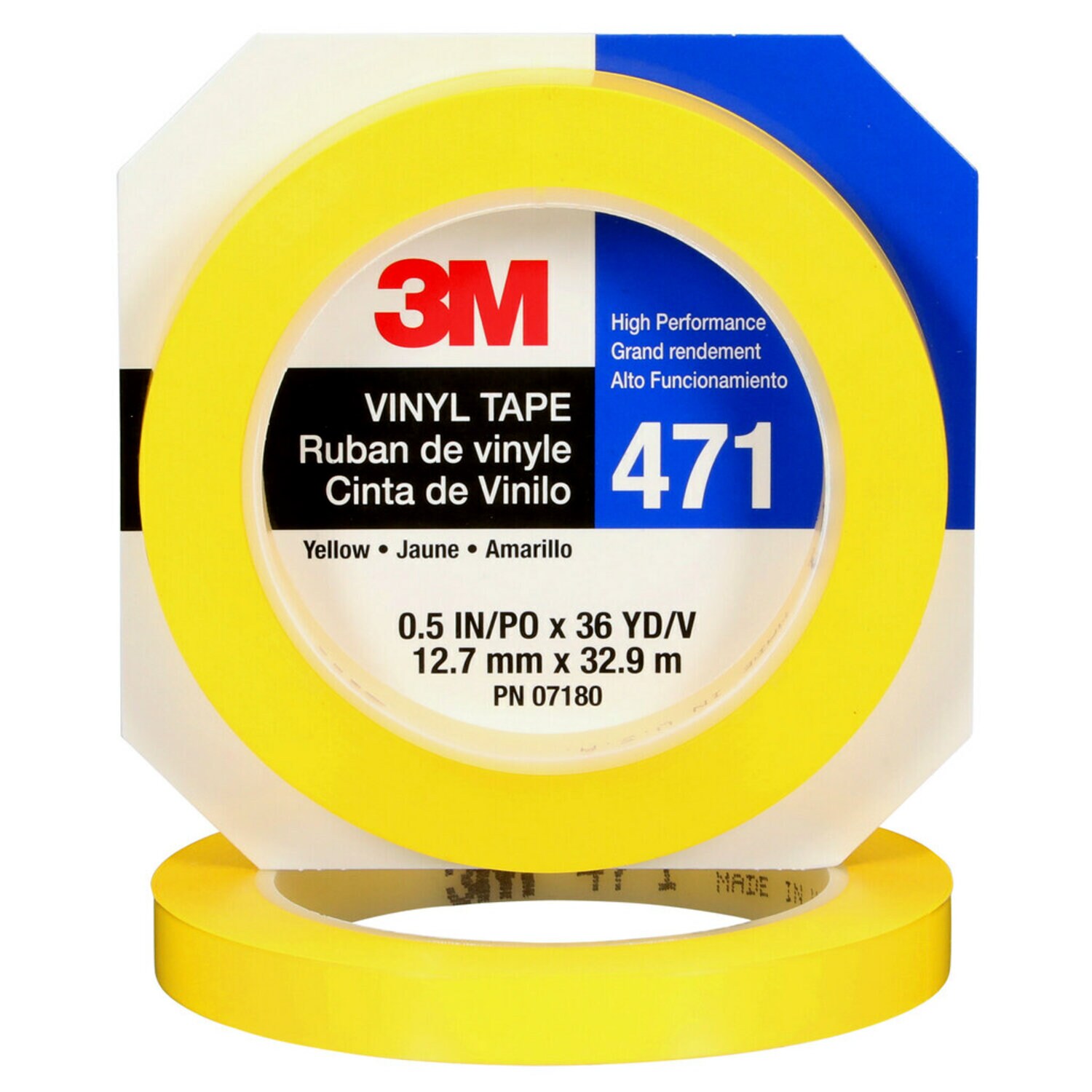 7100044646 - 3M Vinyl Tape 471, Yellow, 1/2 in x 36 yd, 5.2 mil, 72 Roll/Case, Individually Wrapped Conveniently Packaged