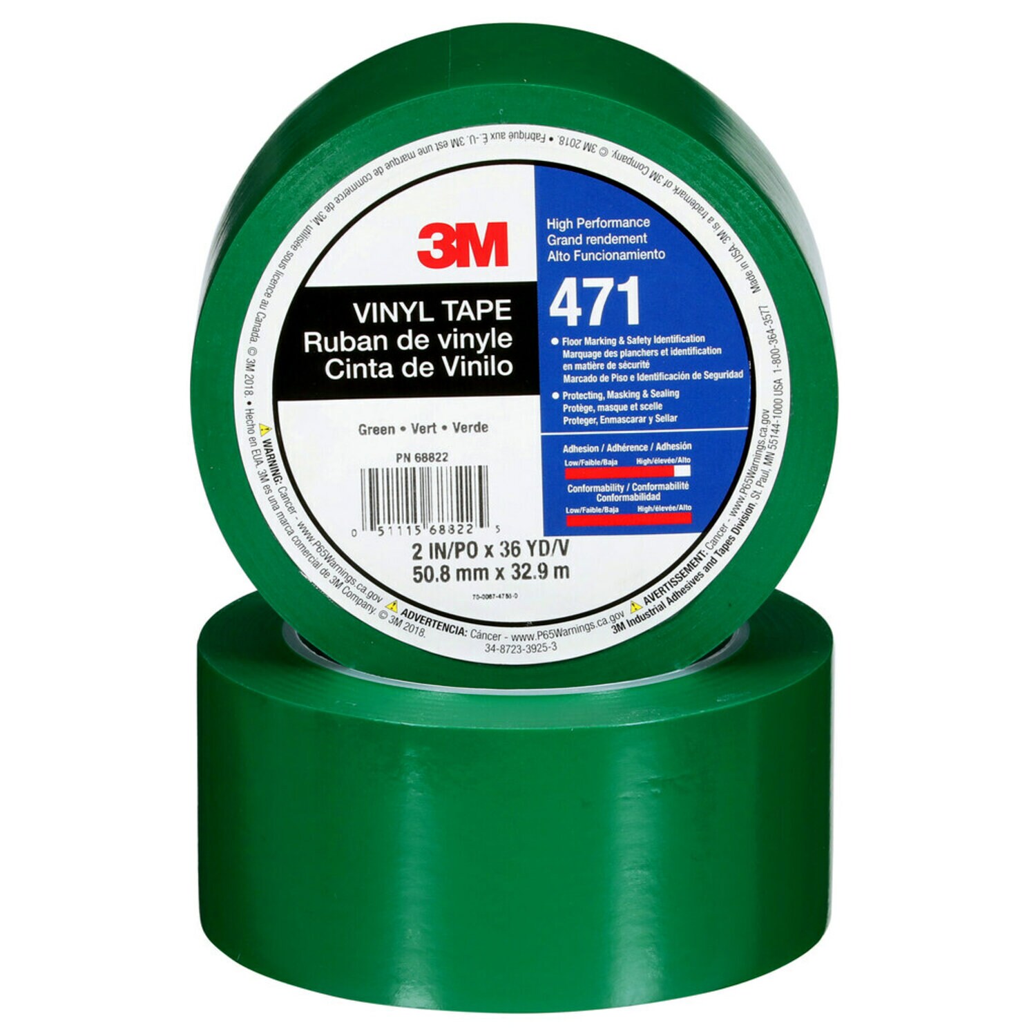 7100044652 - 3M Vinyl Tape 471, Green, 2 in x 36 yd, 5.2 mil, 24 rolls per case,
Individually Wrapped Conveniently Packaged