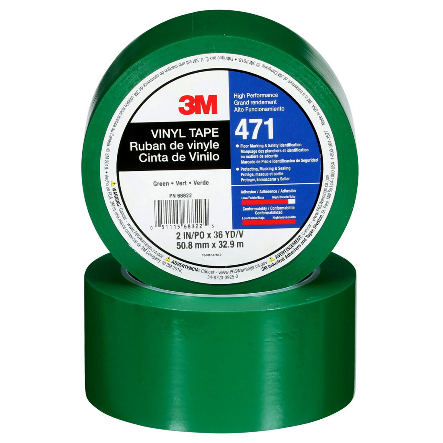 7100044652 - 3M Vinyl Tape 471, Green, 2 in x 36 yd, 5.2 mil, 24 Roll/Case, Individually Wrapped Conveniently Packaged